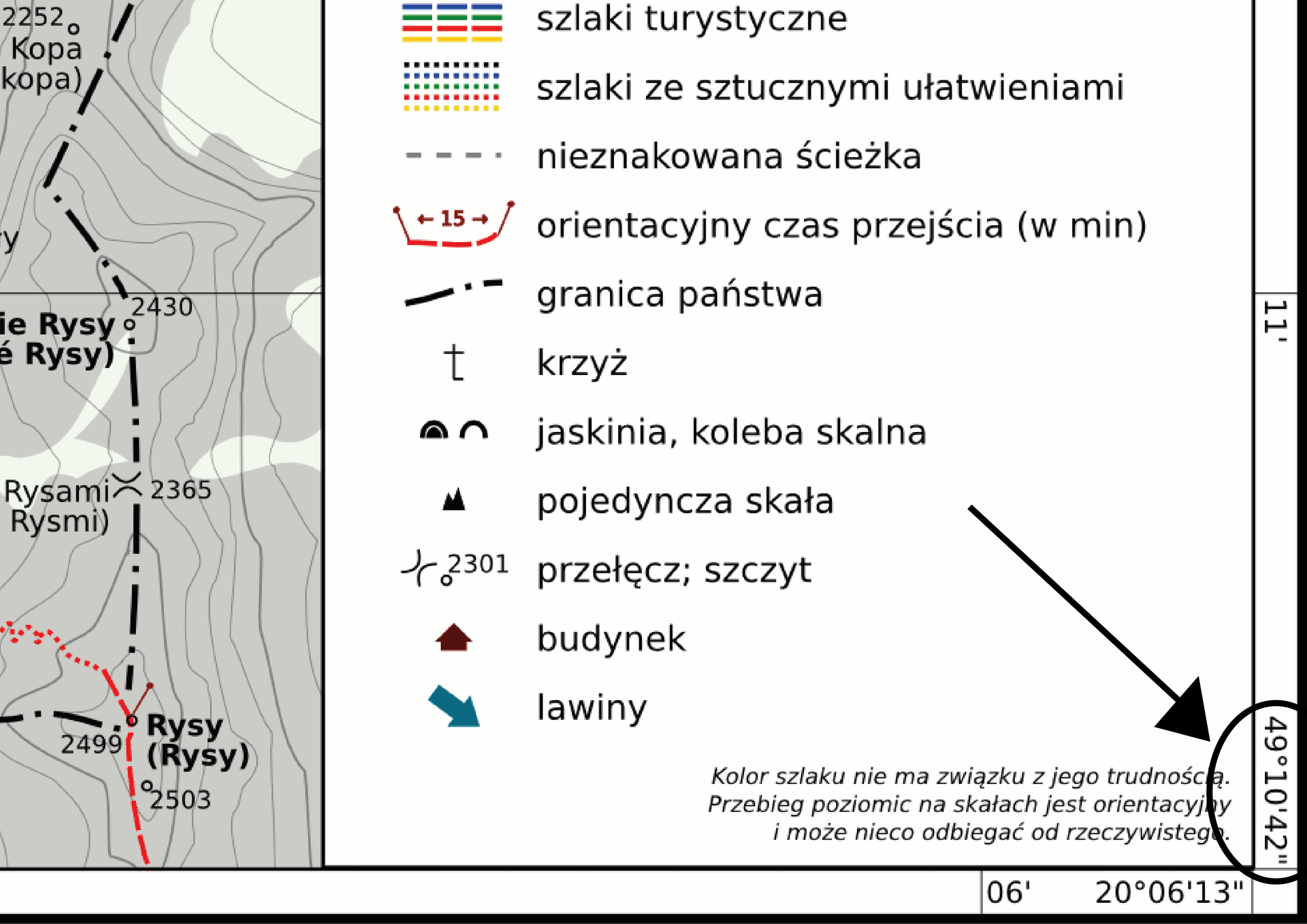 Wycinek mapy Doliny Rybiego Potoku prezentujący prawy dolny róg, w miejscu legendy. Dookoła mapy jest ramka, w jej rogach podano dokładne współrzędne geograficzne w stopniach minutach i sekundach. Długość geograficzna: dwadzieścia stopni, sześć minut i trzynaście sekund. Szerokość geograficzna: czterdzieści dziewięć stopni, dziesięć minut, czterdzieści dwie sekundy. Szerokość geograficzna została ujęta w kółko i wskazana strzałką.