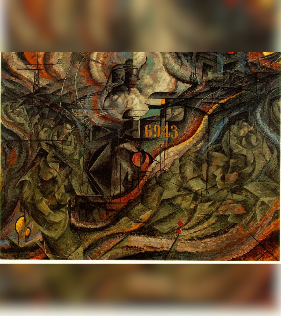 Obraz przedstawia abstrakcję złożoną z różnych kształtów. Nie widać tu konkretnych postaci czy przedmiotów. Jedynie cztery cyfry: 6943.