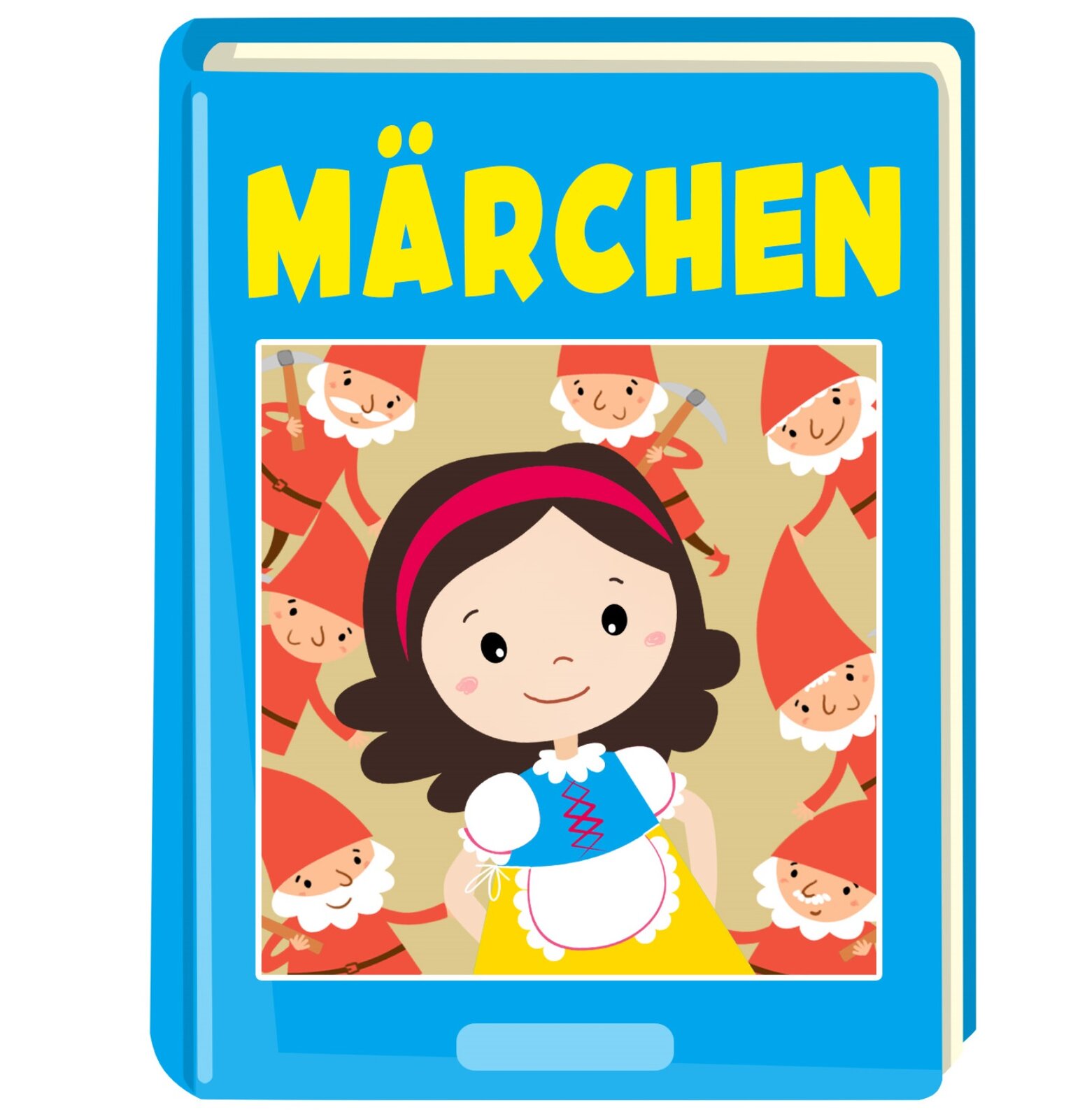 Ilustracja przedstawia książkę z bajkami.na okładce znajduje się dziewczynka a obok niej krasnoludki .