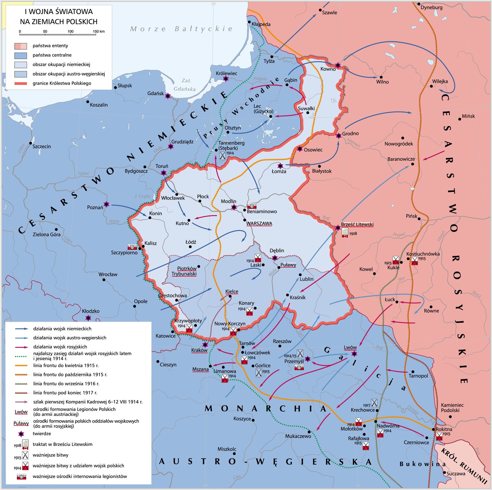 Na mapie zaznaczone są:
 państwa ententy, państwa centralne oraz granice Królestwa Polskiego;
 działania wojska podczas I wojny światowej;
 linie frontu z lat 1915‑1917.
Państwa wchodzące w skład ententy:
 Cesarstwo Rosyjskie.
Państwa wchodzące w skład państw centralnych:
 Cesarstwo Niemieckie;  Monarchia Austro‑Węgierska.
Królestwo Polskie sąsiadowało:
 od zachodu i północy z Cesarstwem Niemieckim;
 od wschodu z Cesarstwem Rosyjskim;
 od południa z monarchią Austro‑Węgierską.
 składało się z ziem: Małopolski, Mazowsza, suwalszczyzny.
Linie frontu przebiegały:
 w kwietniu 1915 roku wzdłuż Królestwa Polskiego oraz przez Austro‑Węgry ;
 w październiku 1915 roku wzdłuż Cesarstwa Rosyjskiego;
 w wrześniu 1916 roku wzdłuż granicy z Cesarstwem Niemieckim oraz przez Austro‑Węgry.
działania wojenne toczyły się przede wszystkim:
 na obszarze Królestwa Polskiego;  w Galicji.
Ważniejsze bitwy:
1914: Tannenberg (Stębark)
Przemyśl 1914/1915
1915: Gorlice
1917: Krechowce
Ważniejsze bitwy z udziałem wojsk polskich:
1914: Limanowa; Łowczówek; Mołotków; 
Nadwórna; Krzywopłoty; Konary; Nowy Korczyn;
 Laski. 
1915: Rokitna; Rafajłowa; Kostiuchnówka; 
Kukle.
Twierdze:
Cesarstwo Rosyjskie: Kowno; Brześć Litewski;
Grodno; Osowiec.
Królestwo Polskie: Łomża; Modlin; Dęblin.
Cesarstwo Niemieckie:
Królewiec; Grudziądz; Gdańsk; Toruń; Poznań; 
Kłodzko.
Monarchia Austro‑Węgierska:
Kraków; Lwów.
Traktat w Brześciu Litewskim - 1918
Ważniejsze ośrodki internowania legionistów:
Benjaminowo; Szczypiorno; Przemyśl.
Ośrodki formowania Legionów Polskich do (armii austriackiej): Kielce; Piotrków Trybunalski; 
Kraków; Mszana; Lwów.
Ośrodki formowania polskich oddziałów wojskowych (do armii rosyjskiej):
Puławy; Warszawa; Brześć Litewski.

