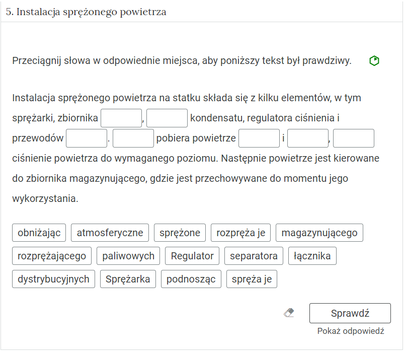 Zdjęcie przedstawia otwartą zakładkę z przykładowym zadaniem. Pod nazwą zakładki znajduje się polecenie. Pod poleceniem widać treść zadania z odpowiedziami do wyboru. Po prawej stronie polecenia widać zielony sześciokąt. Poniżej zadania, po prawej stronie panelu znajduje się ikona sprawdź. Po jej lewej stronie widać symbol gumki. Poniżej przycisku sprawdź znajduje się napis pokaż odpowiedź.