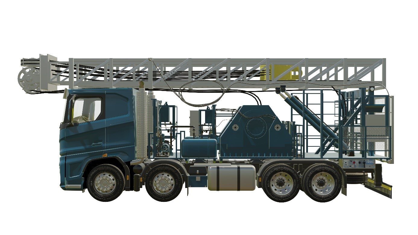 Na zdjęciu przedstawione jest urządzenie obróbcze typu <math aria‑label="MSC myślnik dwieście pięćdziesiąt">MSC-250 widziane z boku. Jest to ciężarówka. Pojazd jest w większości niebieskiego koloru. Przez drabinę znajdującą się na niej przypomina wóz strażacki. Na lewym końcu drabiny znajduje się szara część z czterema kołowrotkami, na których zaczepione są czarne liny poprowadzone w środku drabiny do tylnej części maszyny oraz poprowadzone pod drabiną. Podwójny kołowrotek znajduje się u góry i jest ustawiony poziomo, pod nim znajdują się obok siebie pozostałe trzy w orientacji pionowej. Pojazd ma cztery koło z każdej strony. Pomiędzy pierwszymi dwoma, a dwoma tylnymi znajduje się szary zbiornik. Tuż za kabiną kierowcy znajduje się niebieska konstrukcja. Jest to sporych rozmiarów podciągnik drabiny o dwóch ramionach. Przed zbiornikiem znajdują się rury oraz zawory. Tuż obok podciągnika znajduje się okrągły element, na który nawinięta jest czarna lina. Tuż nad podciągnikiem znajduje się szara lina łącząca drabinę z tyłem pojazdu. Nad zbiornikiem jest ona zaokrąglona. Za zbiornikiem znajduje się niebieska konstrukcja będąca podstawą drabiny. Składa się ona z drabinek oraz niebieskiej skrzynki. Na skrzynce znajdują się trzy tarcze manometru oraz wiele przycisków i pokręteł. Między ostatnim kołem, a zderzakiem znajduje się panel z przyciskami.