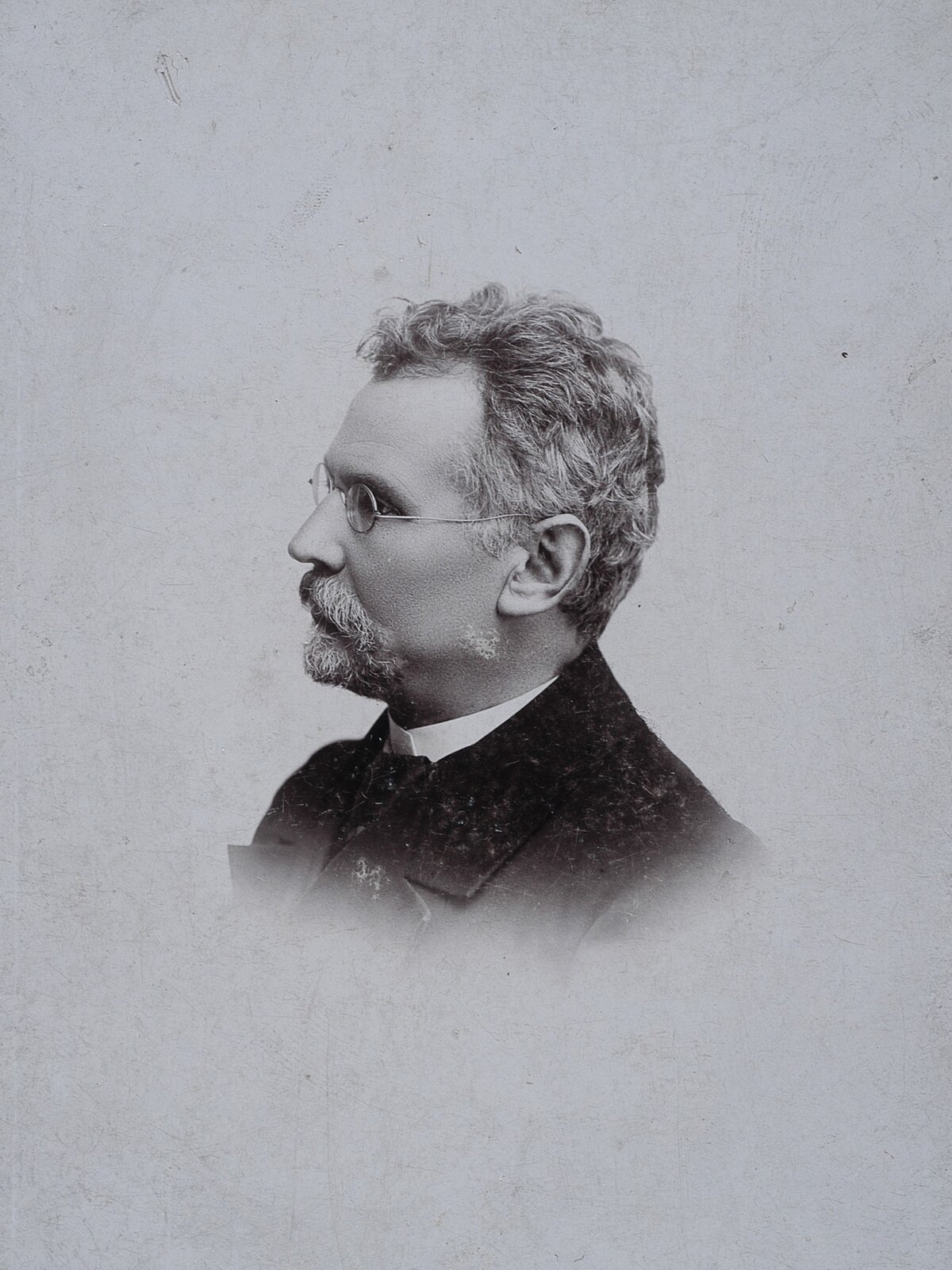 Czarno‑biała fotografia przedstawia popiersie Bolesława Prusa ukazane z profilu. Pisarz ma założone na nosie okrągłe okulary. Widoczny jest spory zarost -  broda i wąsy oraz siwe włosy ułożone w lekkim nieładzie. Jest elegancko ubrany - ma na sobie ciemną marynarkę, spod której wychodzi biały kołnierzyk - stójka oraz ciemne wiązanie przy szyi - krawat lub rodzaj chusty. 