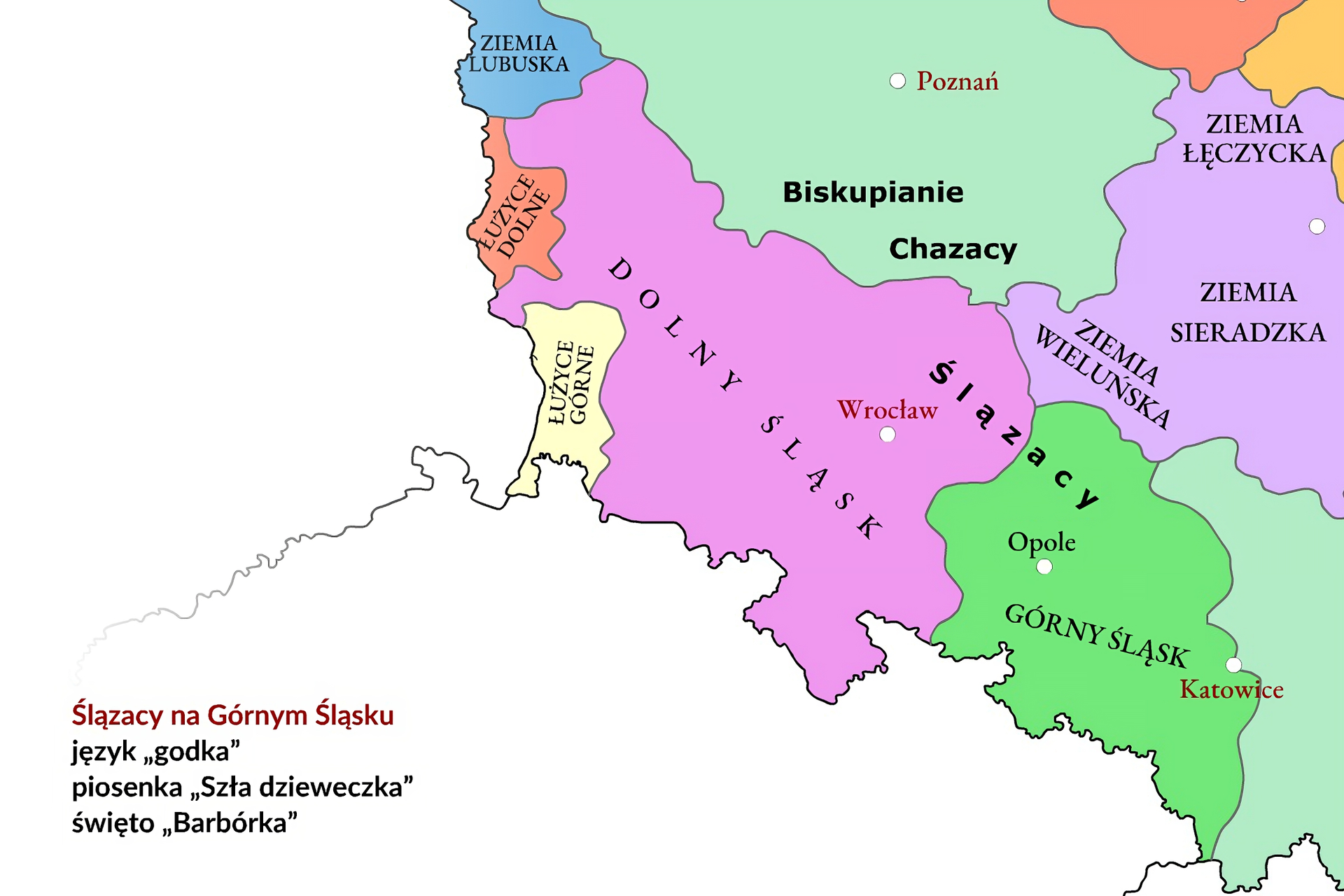 Kliknij, aby powiększyć Przedstawia mapę Dolnego i Górnego Śląska ze zaznaczonymi stolicami: Wrocławiem i Katowicami. Zaznaczono też znajdujące się na zachód od Dolnego Śląska Dolne i Górne Łużyce, fragment obszaru Wielopolski graniczący z Dolnym Śląskiem oraz fragment obszaru Małopolski graniczący z Górnym Śląskiem. Na slajdzie w lewym dolnym rogu tekst brzmi: region śląski; język "godka", piosenka "szła dzieweczka", święto "Barbórka".