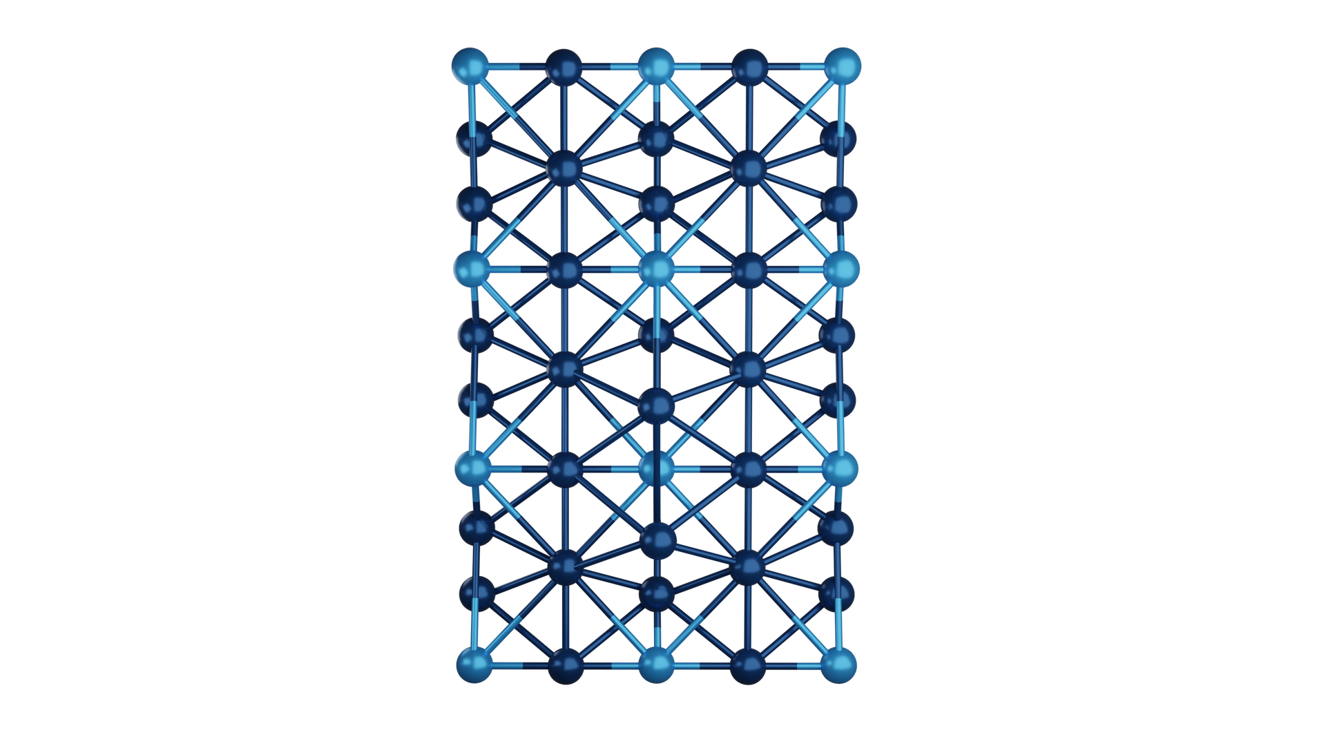 Grafika przedstawia strukturę krystaliczną złożoną z 6 jednostek połączonych ze sobą. Jedna jednostka jest zbudowana z 10 kulek ułożonych w kształt kwadratu i 1 kulki umiejscowionej w jego centrum. Kulki znajdujące się w rogach mają kolor jasnoniebieski, natomiast pozostałe mają kolor granatowy. Każda kulka połączona jest z kulką sąsiadującą z nią. Ramiona wychodzące od kulek jasnoniebieskich są w połowie jasnoniebieskie i granatowe. Tworzy się sieć. 