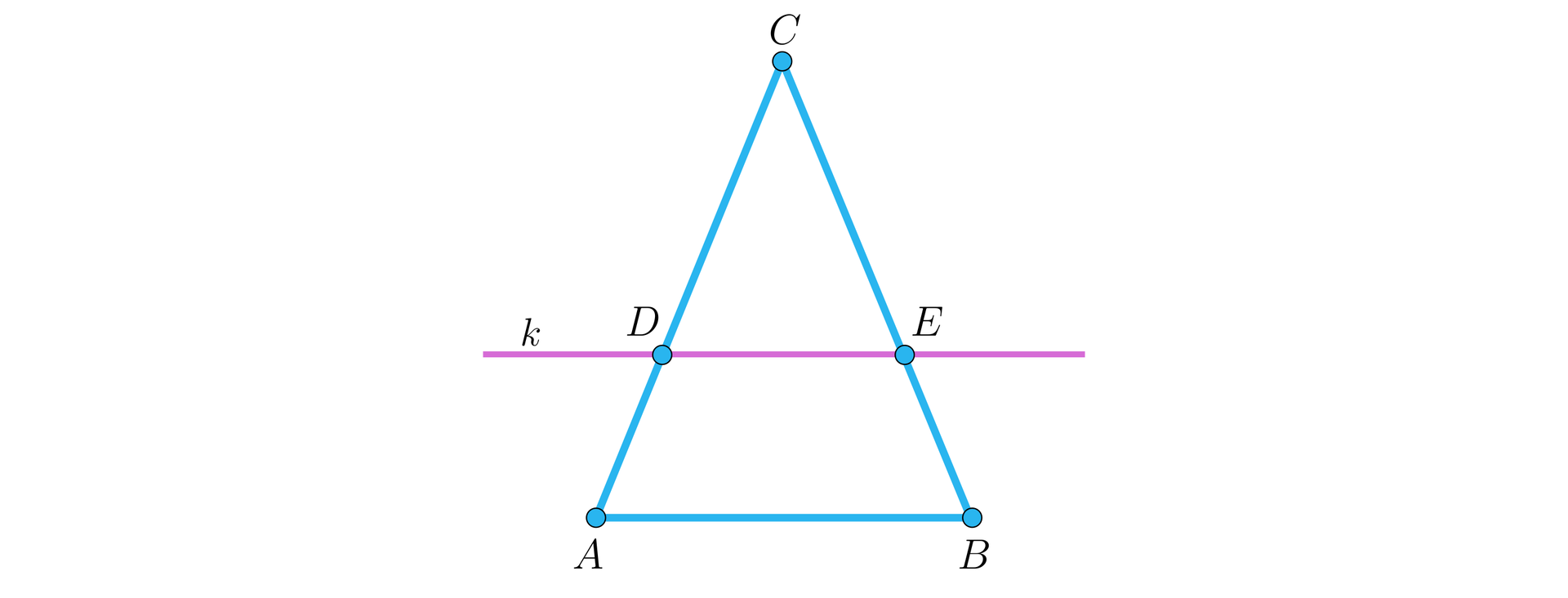 Ilustracja przedstawia trójkąt równoramienny A B C o poziomej podstawie A B. Na rysunku przestawiono również poziomą prostą k przecinającą trójkąt w punktach D i E.