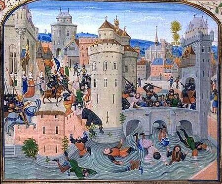 Ilustracja przedstawia bitwę na moście pomiędzy uzbrojonym i opancerzonym rycerstwem z lewej strony ilustracji, a chłopstwem z prawej. Bliżej prawej krawędzi przedstawiono most z dwiema wieżyczkami z jasnego kamienia. Na moście tumult bitewny, podczas którego rycerze rąbią mieczami ludność. Nacierająca kawaleria na most znajduje się pod zamczyskiem, z którego wyglądają damy dworu. U dołu ilustracji fosa, a w niej pływające ciała porąbanych chłopów i mieszczan. W centrum ilustracji jeden ze zbrojnych wrzuca ciało człowieka do fosy. W tle zabudowania miasta, bramy miejskie, fortyfikacje i mieszczańskie domy.