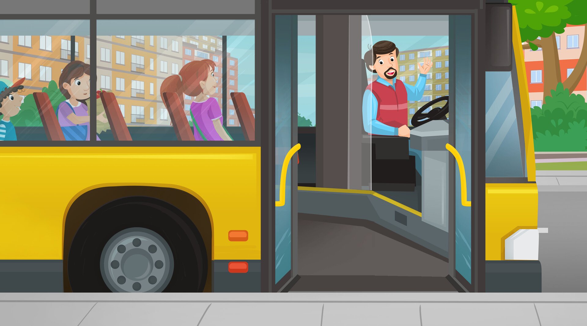 Na ilustracji znajduje się autobus z kierowcą i pasażerami.