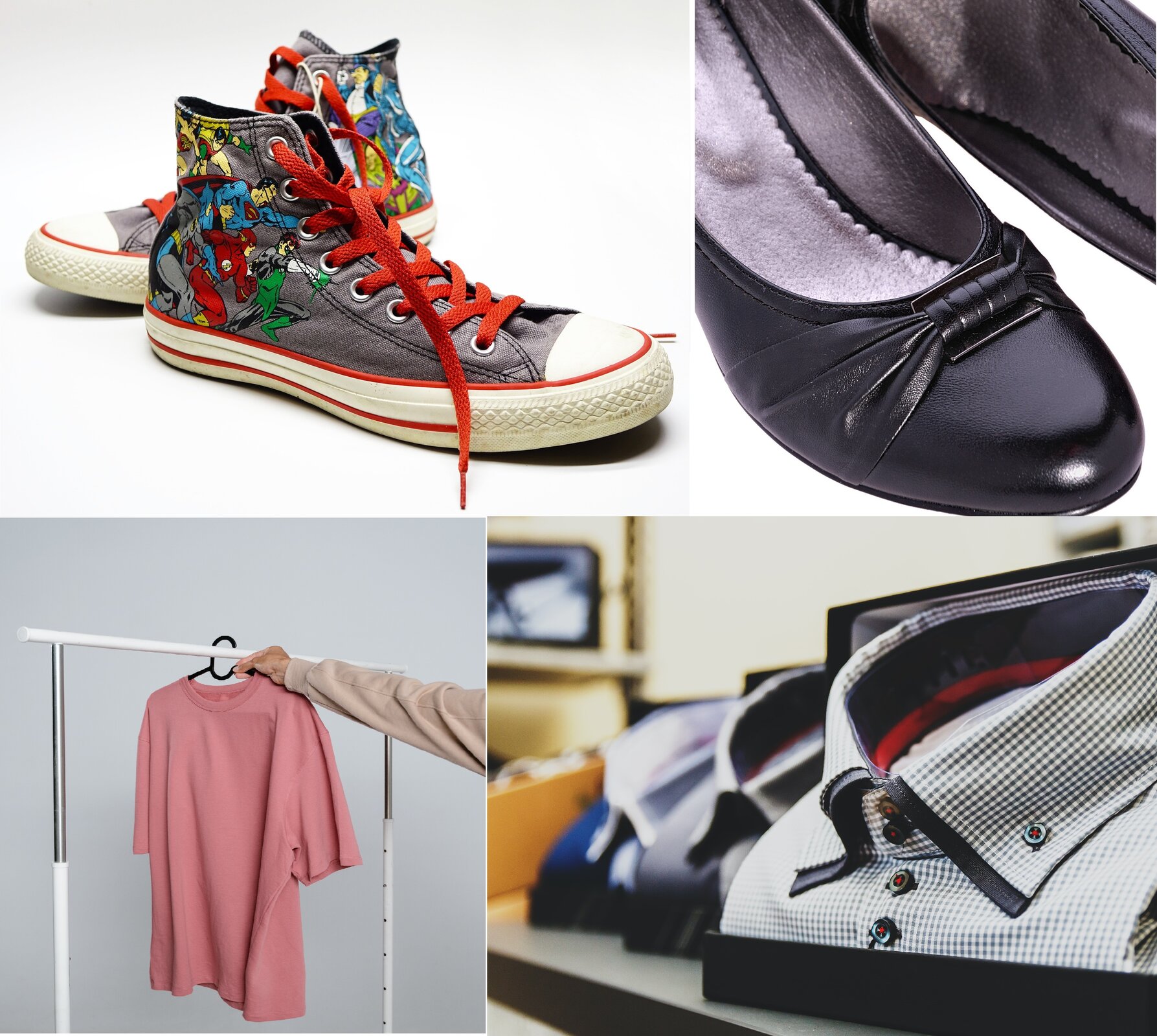 Ilustracja składa się z czterech zdjęć. Po lewej u góry widoczne jest zdjęcie przedstawiające parę trampek z rysunkami superbohaterów i czerwonymi sznurówkami. Po prawej u góry widoczne jest zdjęcie przedstawiające fragment czarnego obuwia damskiego, z zaokrąglonym noskiem i kokardką. Po lewej u dołu widoczne jest zdjęcie przedstawiające ciemnoróżową koszulkę z krótkim rękawem, wiszącą na wieszaku, który trzymany jest przez wyciągniętą rękę. Po prawej u dołu widoczne jest zdjęcie, które przedstawia z ukosa trzy złożone koszule męskie, włożone do otwartych pudełek ustawionych na półce.