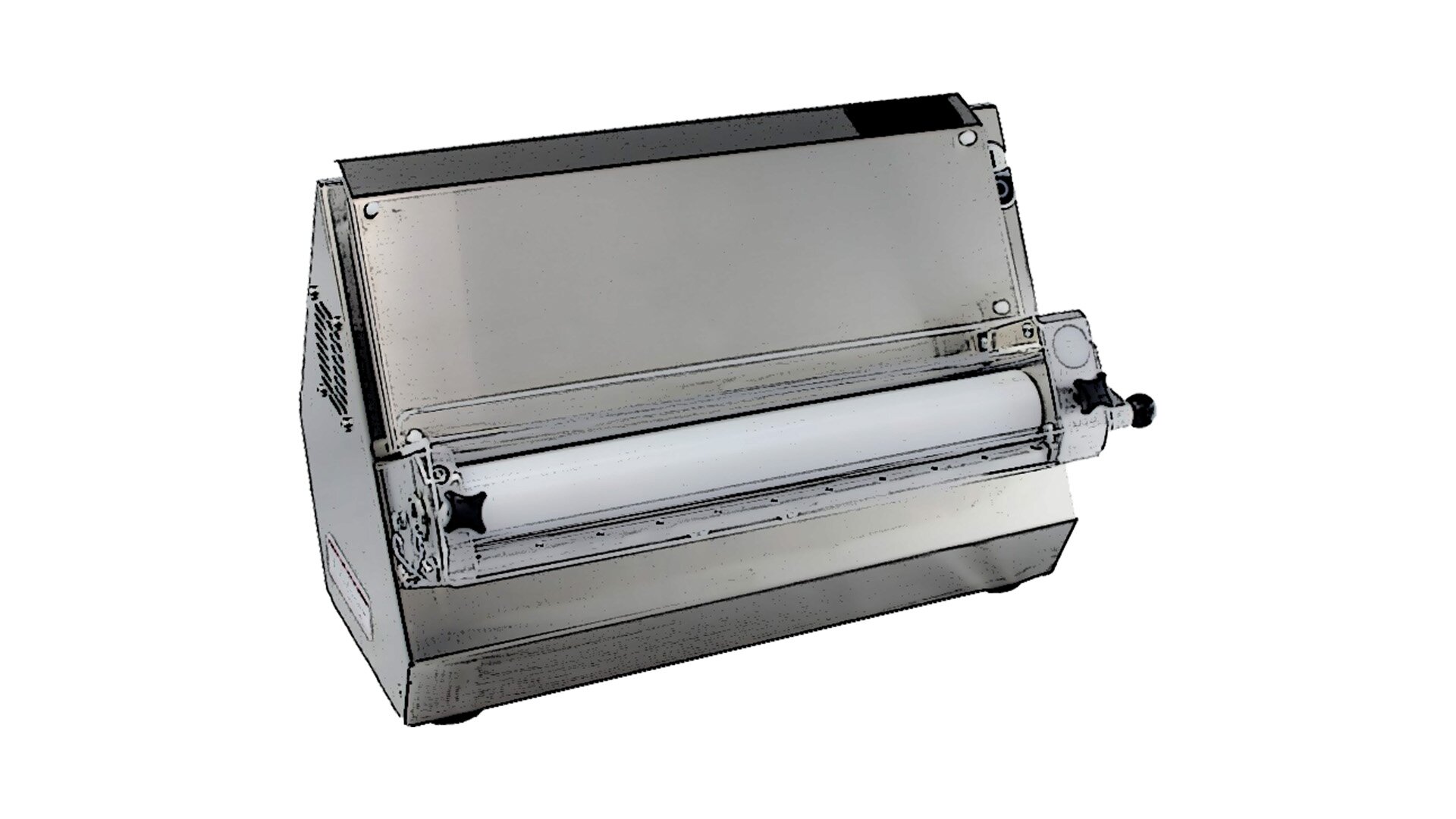 Zdjęcie przedstawia wałkownice na białym tle. Jest to metalowe urządzenie zwężane u góry. Z przodu maszyny możemy zauważyć białą rolkę oraz dwa czarne pokrętła po lewej i prawej stronie od niej. Na lewym brzegu maszyny w jej górnej części znajduje się kratownica z otworami. Z przodu po prawej stronie w górnej części dostrzec można dwa przyciski: biały z pionową czarną kreską na środku oraz czarny z białym okręgiem w środku.