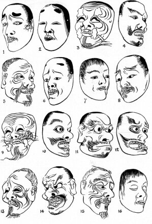 Ilustracja przedstawia szesnaście różnych masek teatralnych. Są to twarze mężczyzn w różnym wieku. Każda z nich przedstawia inny wyraz twarzy: cierpienie, złość, radość, zadumanie, strach, zdziwienie itp.