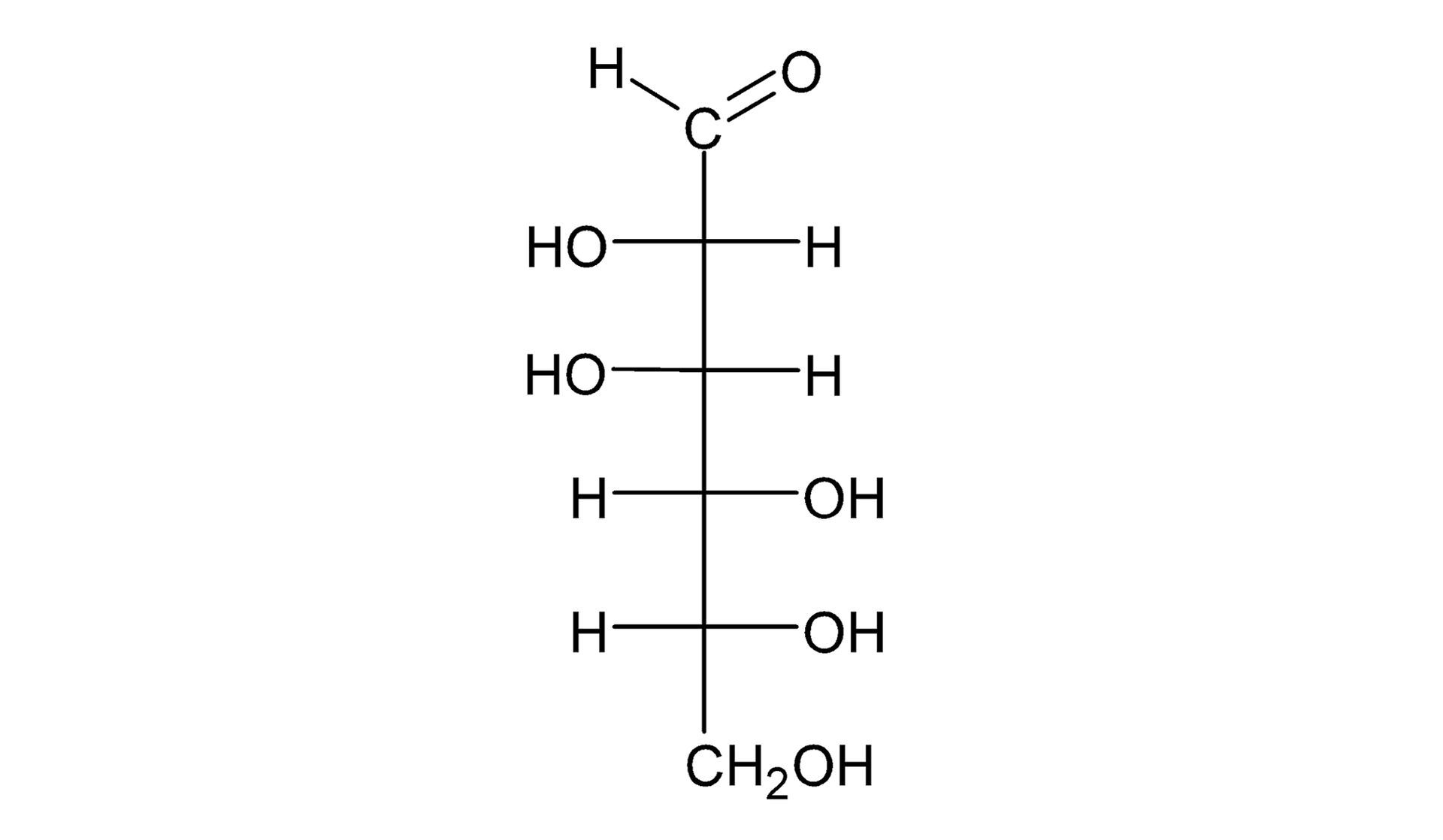 Na ilustracji jest wzór w projekcji Fischera. Łańcuch główny tworzy sześć atomów węgla. Pierwszy atom węgla łączy się wiązaniem podwójnym z atomem tlenu i wiązaniem pojedynczym z atomem wodoru. Drugi i trzeci atom węgla - każdy z nich - łączy się po lewej stronie z grupą OH, a po prawej z atomem wodoru. Czwarty i piąty atom węgla - każdy z nich - łączy się po lewej stronie z atomem wodoru, a po prawej z grupą OH. Ostatni atom węgla wchodzi w skład grupy C H 2 O H .