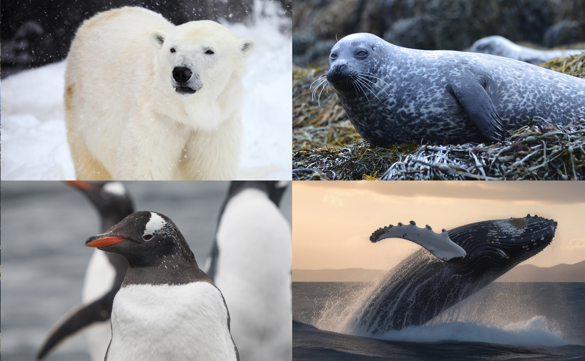 Ilustracja składa się z czterech zdjęć zwierząt. Na zdjęciu w lewym górnym rogu widoczny jest biały niedźwiedź polarny idący przez śnieg. Na zdjęciu w prawym górnym rogu widoczny jest  foka szara leżąca na algach. Na zdjęciu w lewym dolnym rogu widoczne są trzy pingwiny. Na zdjęciu w prawym dolnym rogu widoczny jest płynący wieloryb, wystający ponad taflę wody.