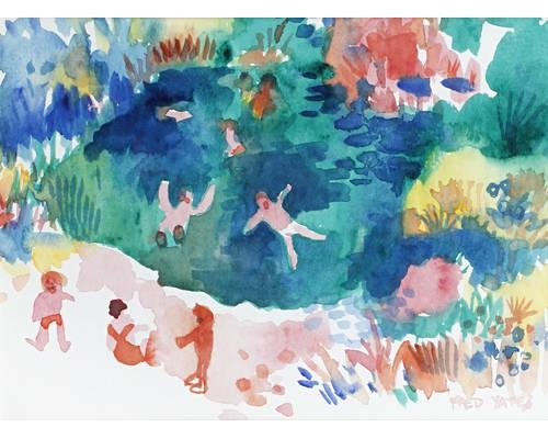 Ilustracja przedstawia obraz, w którym głównym planem jest rzeka i pływający w niej ludzie. Woda, w której pływają, jest częściowo porośnięta roślinami. Na brzegu rzeki znajdują się dwie stojące osoby i jedna siedząca.