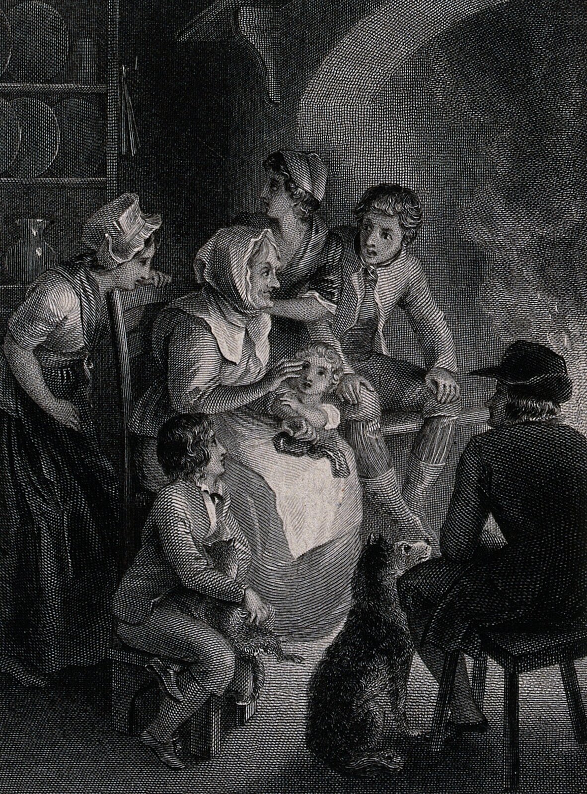 Czarno-biała ilustracja przedstawia grupkę pięciorga dzieci, ubranych w stroje z XVIII wieku - dwie młode panny mają na sobie długie suknie z krótkim rękawem, chustki na ramionach  i czepki, dwaj chłopcy  maja na sobie sięgające kolan spodnie, pończochy i trzewiki, koszule i marynarki. Najmłodsze dziecko, opierające się o kolana siedzącej na krześle kobiety, ma jasne, krótkie kręcone włosy i koszulę. Dzieci skupione są wokół siedzącej na krześle starszej kobiety w długiej sukni, fartuchu i chustce na głowie, która opowiada im historię. Dzieci są zasłuchane (dziewczęta stoją za jej plecami, chłopcy siedzą po obu bokach, malec stoi). Chłopiec siedzący po lewej stornie trzyma na kolanach kota. Naprzeciw kobiety na niskim krzesełku siedzi mężczyzna w płaszczu i kapeluszu. Pomiędzy nimi znajduje się pies. W tle widać ścianę pomieszczenia - po prawej stronie jest półokrągłe sklepienie, a po lewej regał z trzema półkami, na których ustawiono talerze i dzbanek.