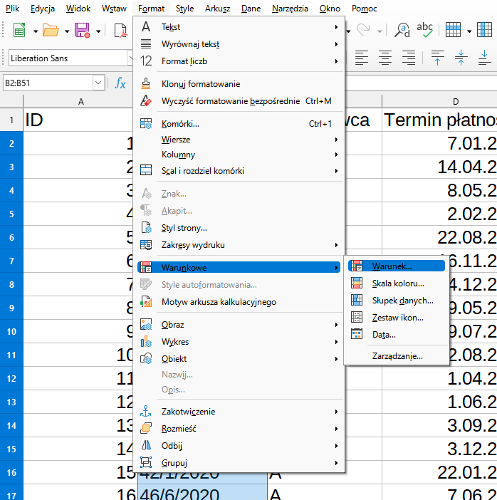 Grafika przedstawia obszar roboczy arkusza kalkulacyjnego z górną wstążką i rozwiniętą zakładką Format. Zaznaczona jest na niej opcja Warunkowe i następnie opcja Warunek. Kolumna A ma nagłówek ID. Kolumna B ma nagłówek numer faktury. Kolumna C ma nagłówek sprzedawca. Kolumna czwarta ma nagłówek termin. W tle znajdują się zasłonięte rozwiniętym menu dane. 