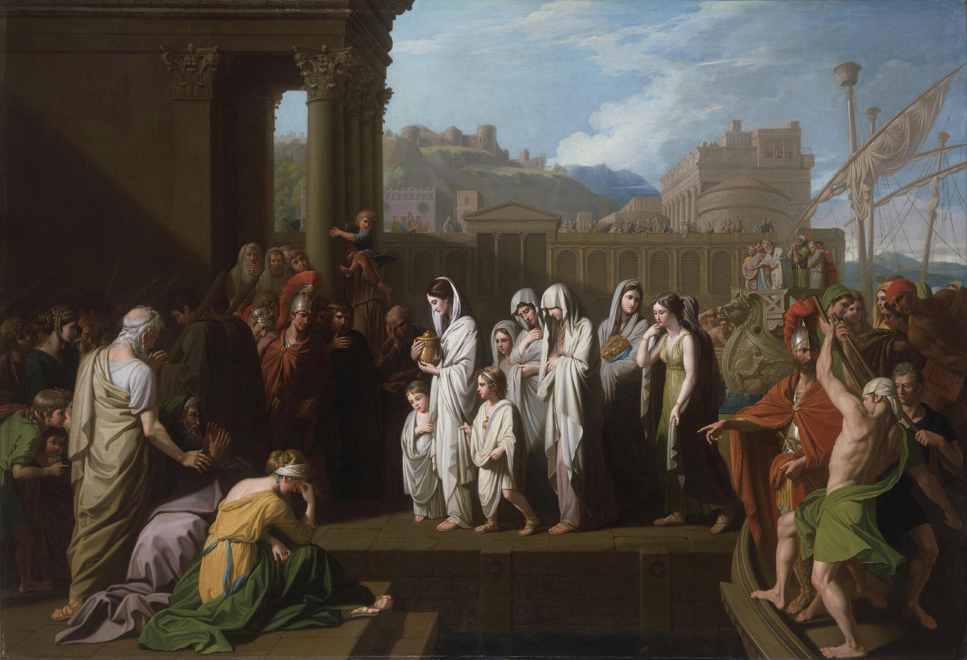 Ilustracja przedstawia obraz „Agrypina przybywająca do Brundisium z prochami Germanika”, którego autorem jest Benjamin West. Na pierwszym planie znajduje się wiele postaci, w różnokolorowych szatach. Osoby, które są na środku obrazu mają na sobie białe szaty. Jedna z nich trzyma w rękach złotą urnę. Na drugim planie znajduje się statek, na którym jest kilka osób. W tle jest beżowo‑brązowa zabudowa, góry i błękitne niebo z białymi chmurami. 