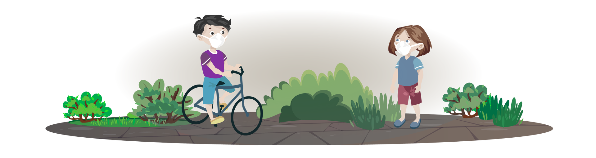 Ilustracja przedstawia szary plac miejski porośnięty zielonymi krzewami. W tle widać szary dym unoszący się w powietrzu. Po lewej stronie jedzie granatowym rowerem chłopiec o czarnych włosach. Jest ubrany w fioletową koszulkę z krótkimi rękawami, krótkie błękitne spodnie i pomarańczowe buty z żółtymi podeszwami. Na twarzy ma białą maseczkę ochronną. Po prawej stronie stoi Maja. Jest ubrana w niebieską koszulkę z krótkimi błękitnymi rękawami, krótkie ciemnoróżowe spodnie i ciemnoniebieskie buty. Również ma na twarzy białą maseczkę ochronną.