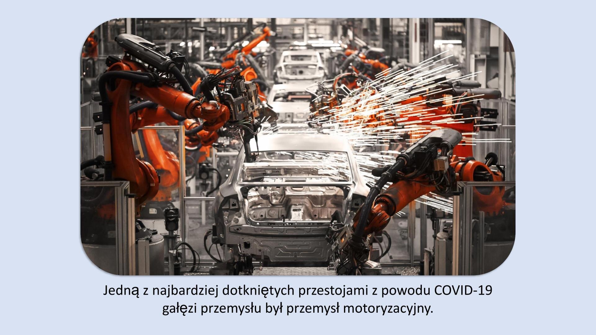 Jasnoniebieski slajd. W górnej części slajdu zdjęcie przedstawia wnętrza fabryki. Pomarańczowe maszyny montują cześci do samochodu. U dołu slajdu tekst: „Jedną z najbardziej dotkniętych przestojami z powodu COVID‑19 gałęzi przemysłu był przemysł motoryzacyjny”.