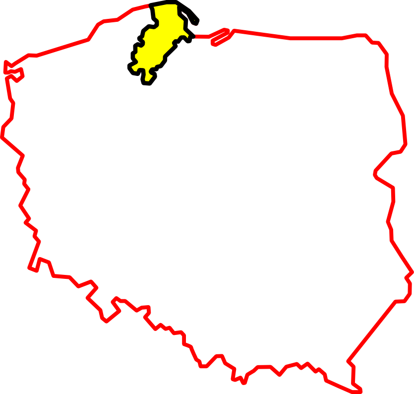 Grafika przedstawia szkic mapy Polski z granicami zaznaczonymi na czerwono. Przy północnej granicy oznaczono żółtym kolorem teren Kaszub. Granice tego regionu oznaczono kolorem czarnym.