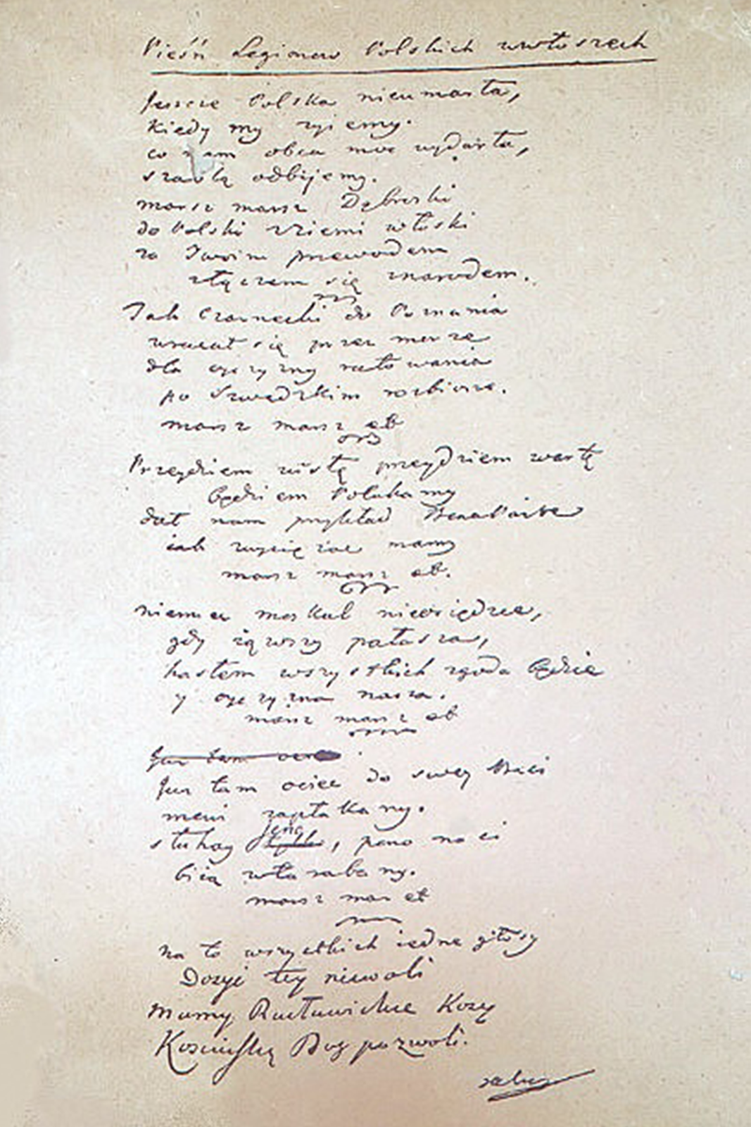 Zdjęcie przedstawia oryginalny tekst Hymnu Polski. Rękopis jest pt. Pieśń Legionów Polskich w Włoszech.