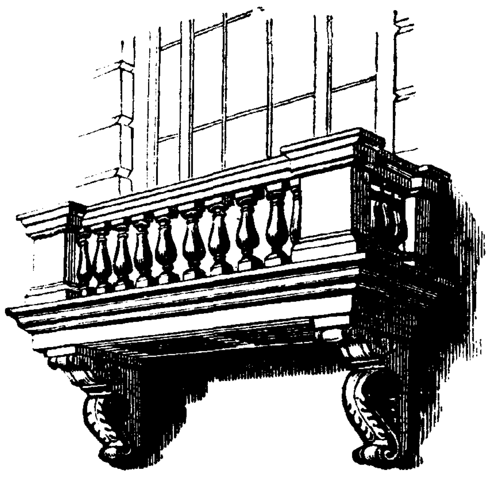 Czarno‑biała ilustracja przedstawia balkon - posiada on kamienną balustradę, której poszczególne fragmenty przypominają kręgle. Balkon podtrzymywany jest na dwóch zdobionych kamiennych wspornikach, które kształtem przypominają liście. 