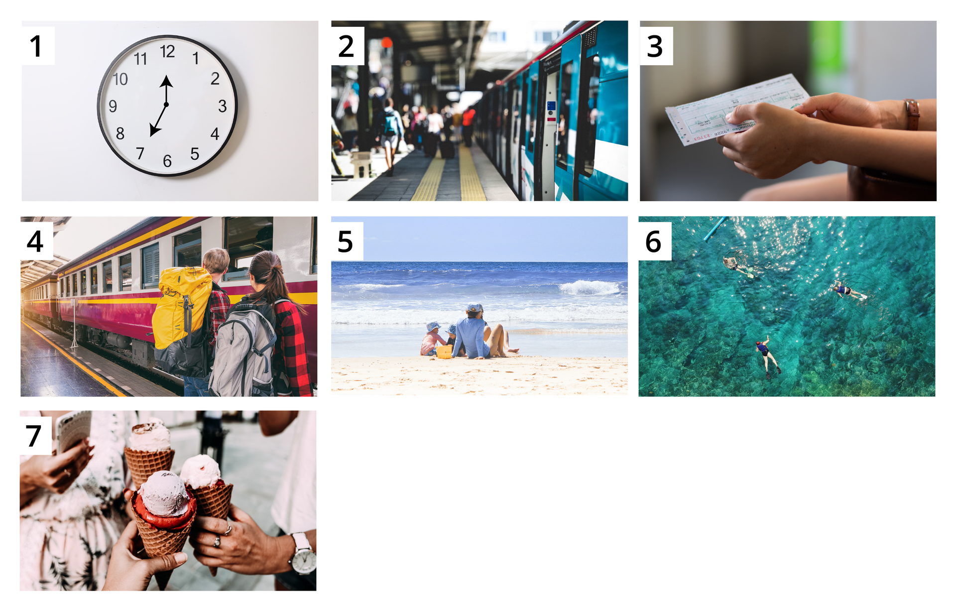 Ilustracja składa się z siedmiu ponumerowanych zdjęć. Zdjęcia kolejno przedstawiają: zegar wskazujący godzinę 7pociąg na peroniebilet kolejowy w rękuosoby wsiadające do pociągu z plecakamiosoby, które siedzą na plażyosoby pływające w morzuosoby, które trzymają lody w ręku