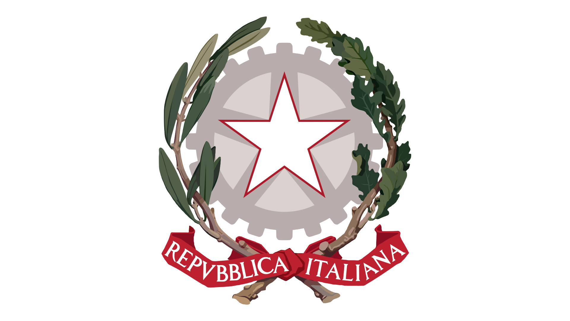 Grafika przedstawia godło Włoch. Biała gwiazda z czerwonym obramowaniem na tle koła zębatego otoczone gałązką oliwną i gałązką dębu. Widoczny jest napis: "Repubblica Italiana
".