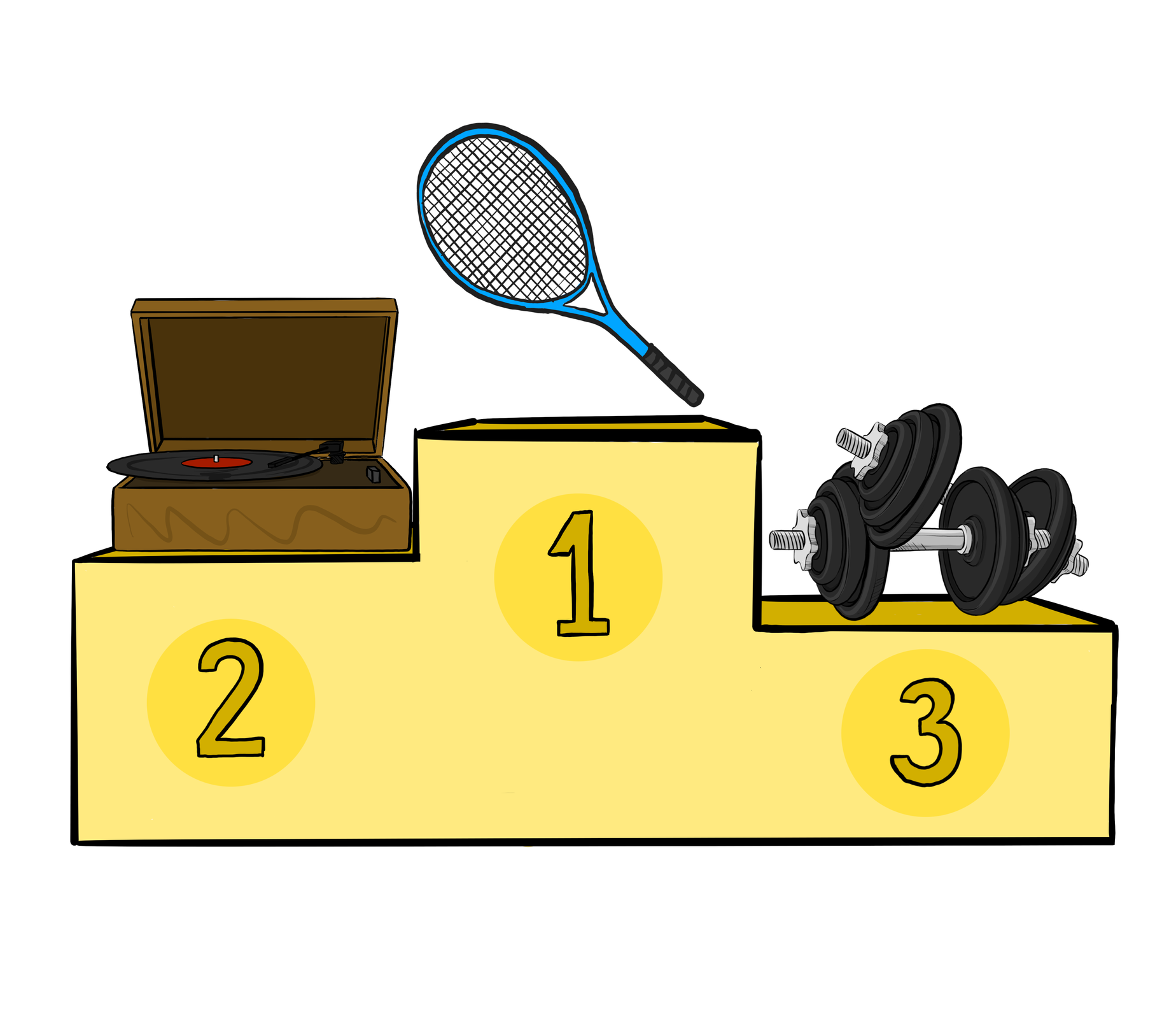 Ilustracja przedstawia podium. Na pierwszym miejscu znajduje się rakieta tenisowa. Na drugim miejscu znajduje się gramofon. Na trzecim miejscu znajdują się hantle.