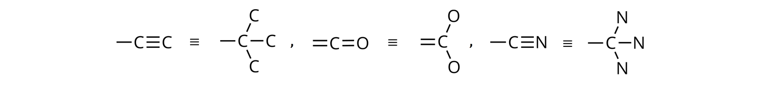 Ilustracja przedstawiająca równoważność danego wiązania wielokrotnego z liczbą atomów, którą wykorzystuje przy ustalania hierarchii podstawników podczas wyznaczania konfiguracji w danym związku. Po pierwsze. Dwa atomy węgla łączą się wiązaniem potrójnym, atom po lewej stronie wzoru łączy się z wiązaniem pojedynczym. Co jest równoważne trzem wiązaniom pojedynczym każdemu utworzonemu z jednym atomem węgla, co przedstawia wzór. Wiązanie pojedyncze atom węgla, po prawej stronie wspomnianego atomu trzy wiązania pojedyncze, z których każde łączy go z jednym atomem węgla, w sumie trzy atomy węgla.  Po drugie. Wiązanie podwójne do atomu węgla połączonego wiązaniem podwójnym z atomem tlenu. Co jest równoważne następującemu wzorowi. Wiązanie podwójne łączy się z atomem węgla, który u góry z prawej strony łączy się z dwoma atomami tlenu z każdym za pomocą wiązania pojedynczego. Ostatni zapis. wiązanie pojedyncze odchodzące w lewą stronę od atomu węgla połączonego wiązaniem potrójnym z atomem azotu, co jest równoważne następującej liczbie wiązań węgiel azot, co reprezentuje wzór. wiązanie pojedyncze odchodzące w lewą stronę od atomu węgla oraz trzy wiązania pojedyncze węgiel azot odchodzące w prawą stronę.