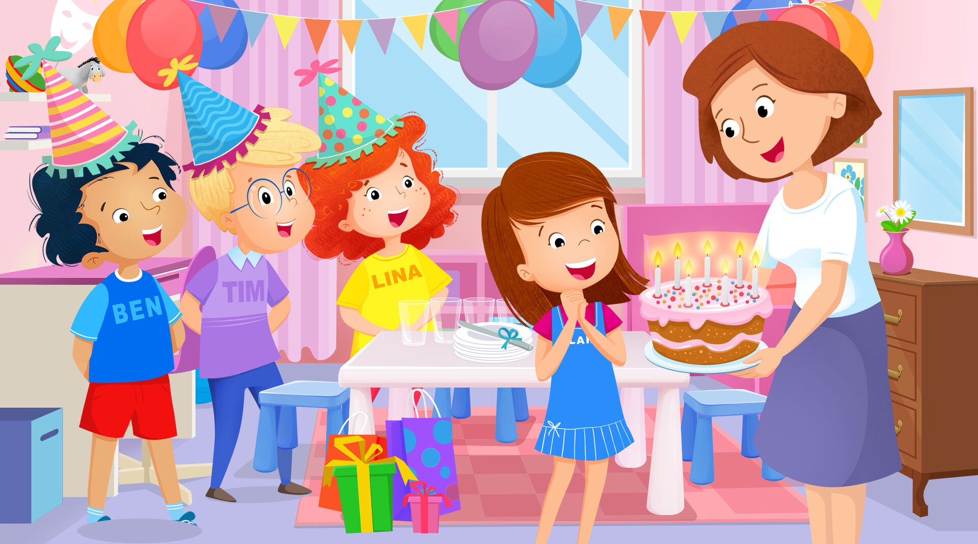Na ilustracji znajduje się mama dająca dziewczynce tort urodzinowy.
