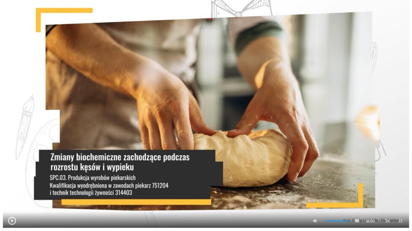 Grafika przedstawia widok ujęcia początkowego filmu edukacyjnego. Na grafice widać pasek sterowania filmem, który zawiera przycisk startu filmu, suwak głośności filmu, przycisk włączenia napisów, przycisk wyboru jakości odtwarzanego filmu, przycisk wyboru prędkości odtwarzania filmu oraz przycisk włączenia pełnego ekranu.