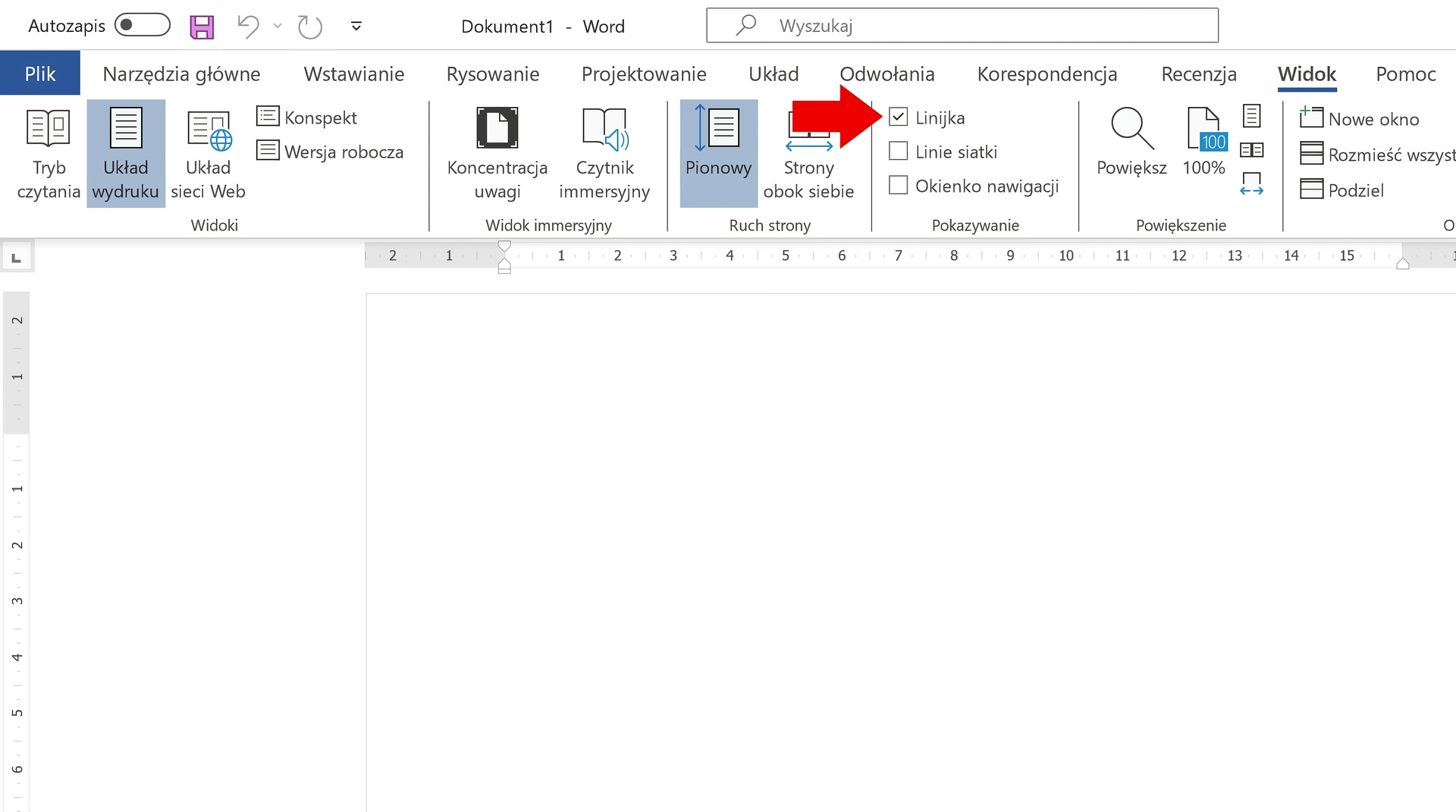 Ilustracja przedstawia lewy górny fragment okna programu Microsoft Word. Otwarta jest zakładka Widok. Na ilustracji znajduje się czerwona strzałka, wskazuje ona na zaznaczony checkbox z podpisem Linijka w sekcji Pokazywanie. 