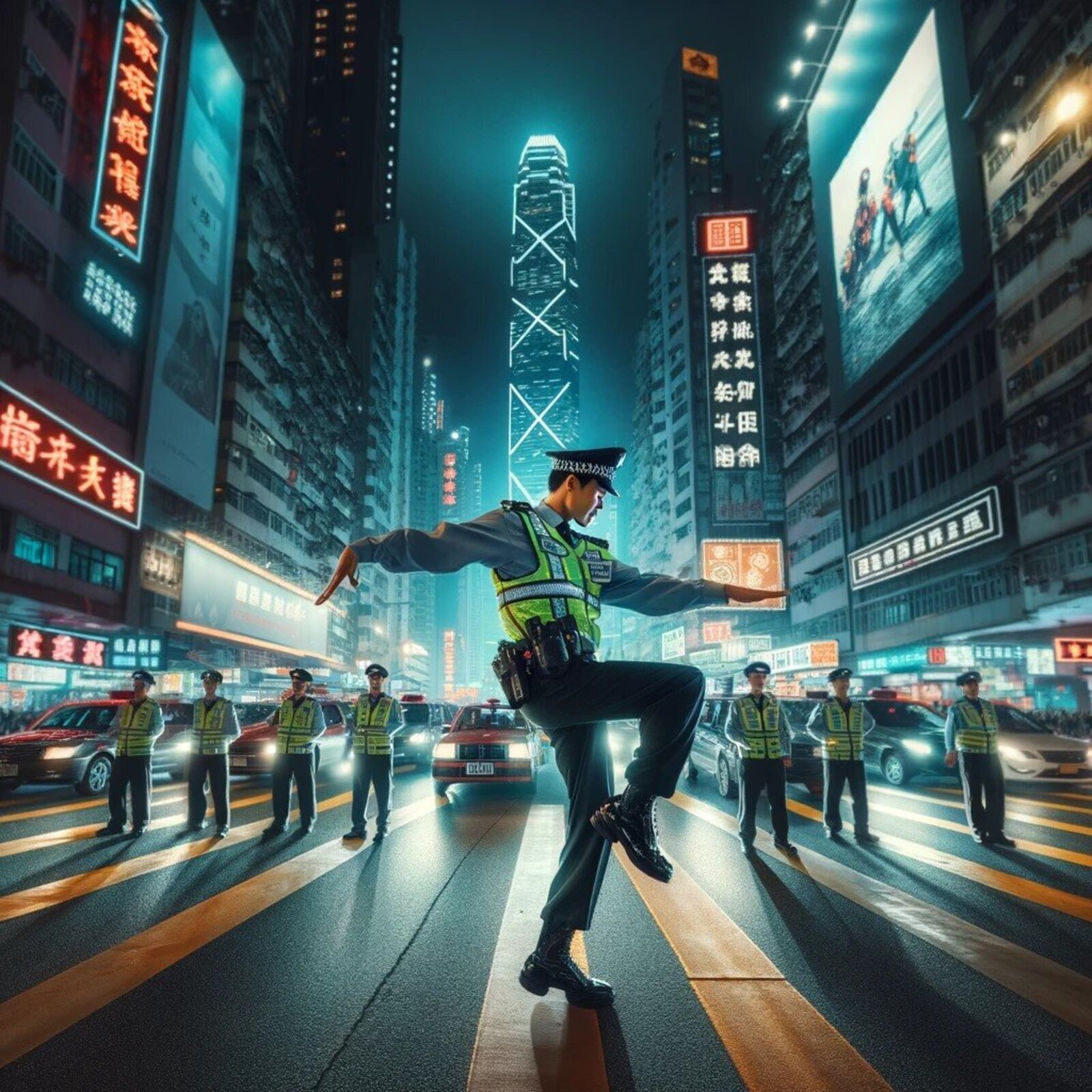 Ilustracja przedstawia policjanta w mundurze, kamizelce odblaskowej i kapeluszu, przyjmującego taneczną figurę na tle futurystycznych drapaczy chmur. 