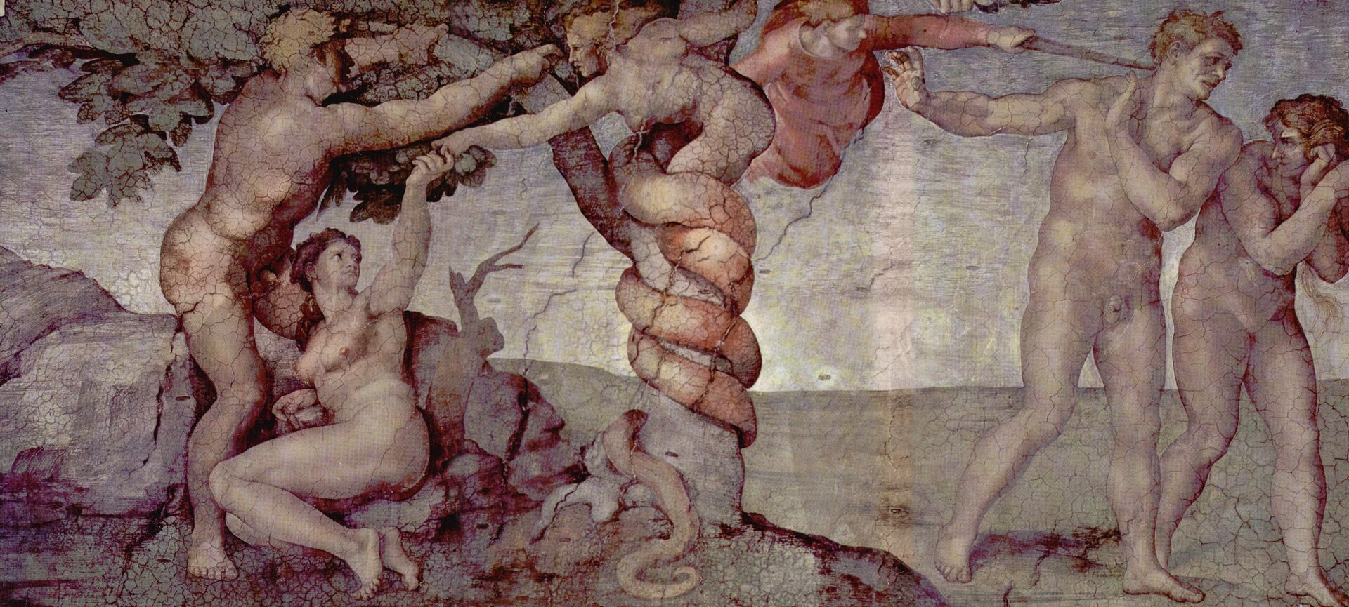 Ilustracja przedstawia fragment fresku ze sklepienia Kaplicy Sykstyńskiej, autorstwa Michała Anioła. W centrum horyzontalnej kompozycji znajduje się drzewo, którego pień owija ogon węża o tułowiu i głowie kobiety. Kobieta/wąż podaje lewą ręką jabłko siedzącej na skalistej ziemi po lewej stronie drzewa, Ewie. Nad Ewą stoi Adam, który przytrzymując dłońmi gałąź, próbuje nagiąć drzewo. Z prawej strony artysta namalował scenę wygnania z raju. Nad dwoma skulonymi sylwetkami kobiety i mężczyzny unosi się anioł w czerwonej szacie z mieczem w dłoni. Postacie Adama i Ewy po obu stronach kompozycji są nagie. Całość kompozycji utrzymana jest w bogatej gamie barw, z dominacją jasnych błękitów i beżów.