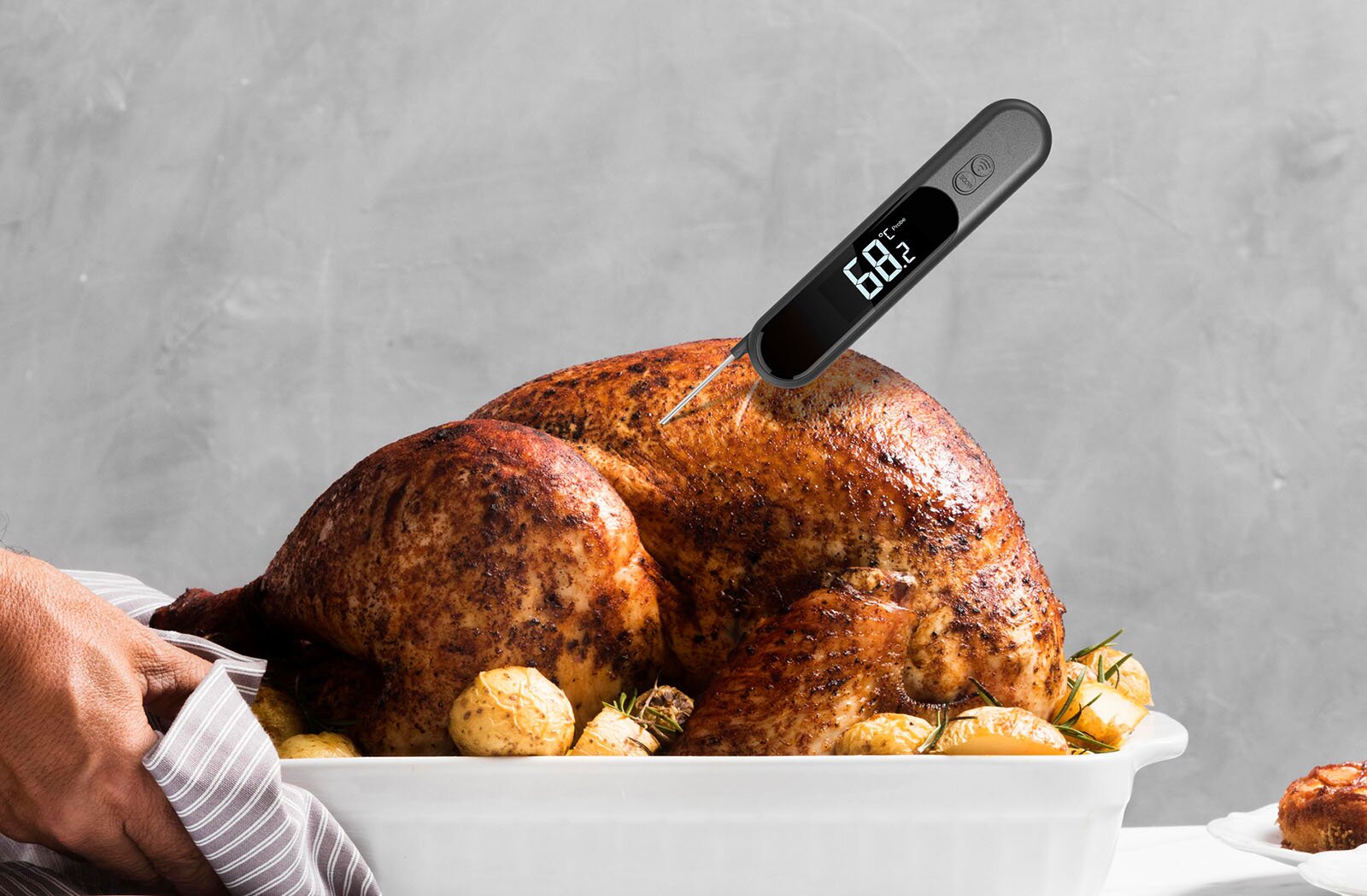 Zdjęcie przedstawia upieczonego indyka w białej brytfance. Indyk ma spieczoną skórkę i jest posypany ziołami. Wokół niego widoczne są pieczone ziemniaki posypane ziołami. W bok indyka wbito termometr kontrolujący temperaturę, który wskazuje 68,2 stopnie. Po lewej stronie widoczna jest prawa dłoń, która przez ściereczkę trzyma brytfankę.
