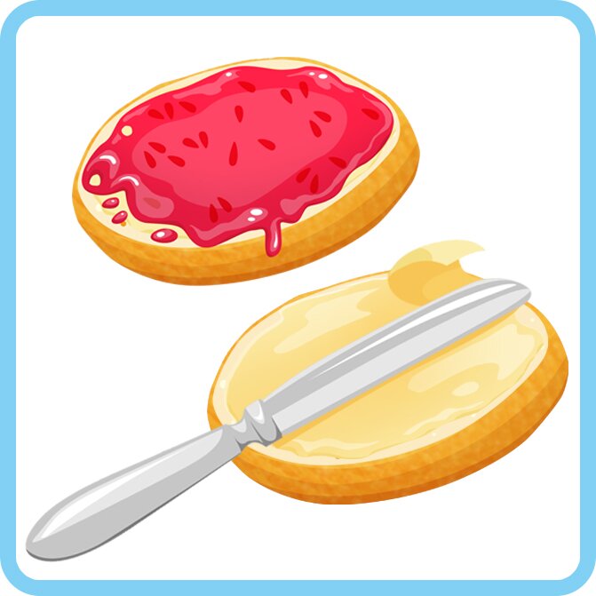 Ilustracja przedstawia dwie połówki bułki. Na jednej jest dżem, na drugiej masło
