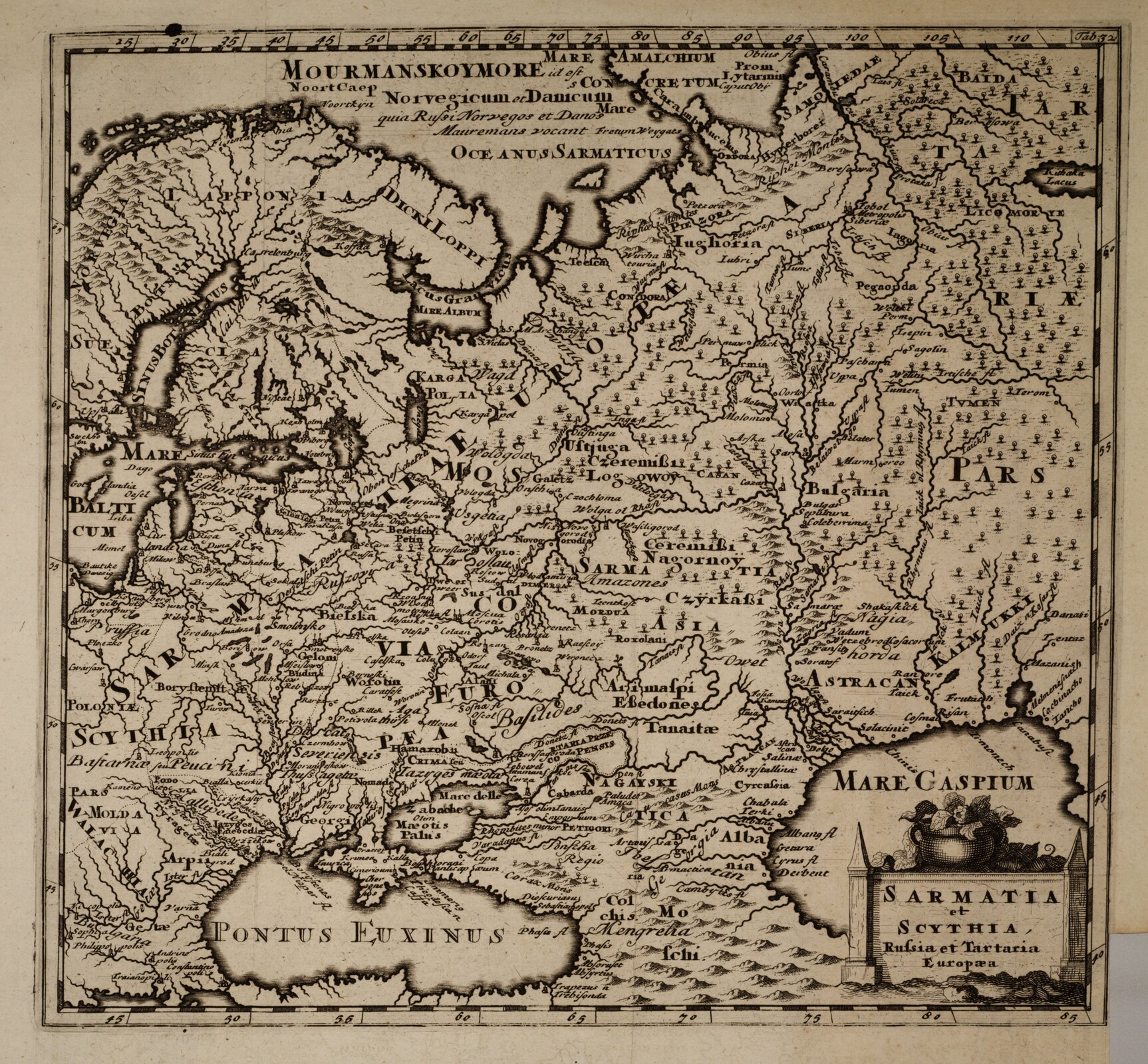 XVII-wieczna mapa środkowo-wschodniej Europy przedstawia m.in. Sarmację, Scytię i Ruś. XVII-wieczna mapa środkowo-wschodniej Europy przedstawia m.in. Sarmację, Scytię i Ruś. Źródło: domena publiczna.