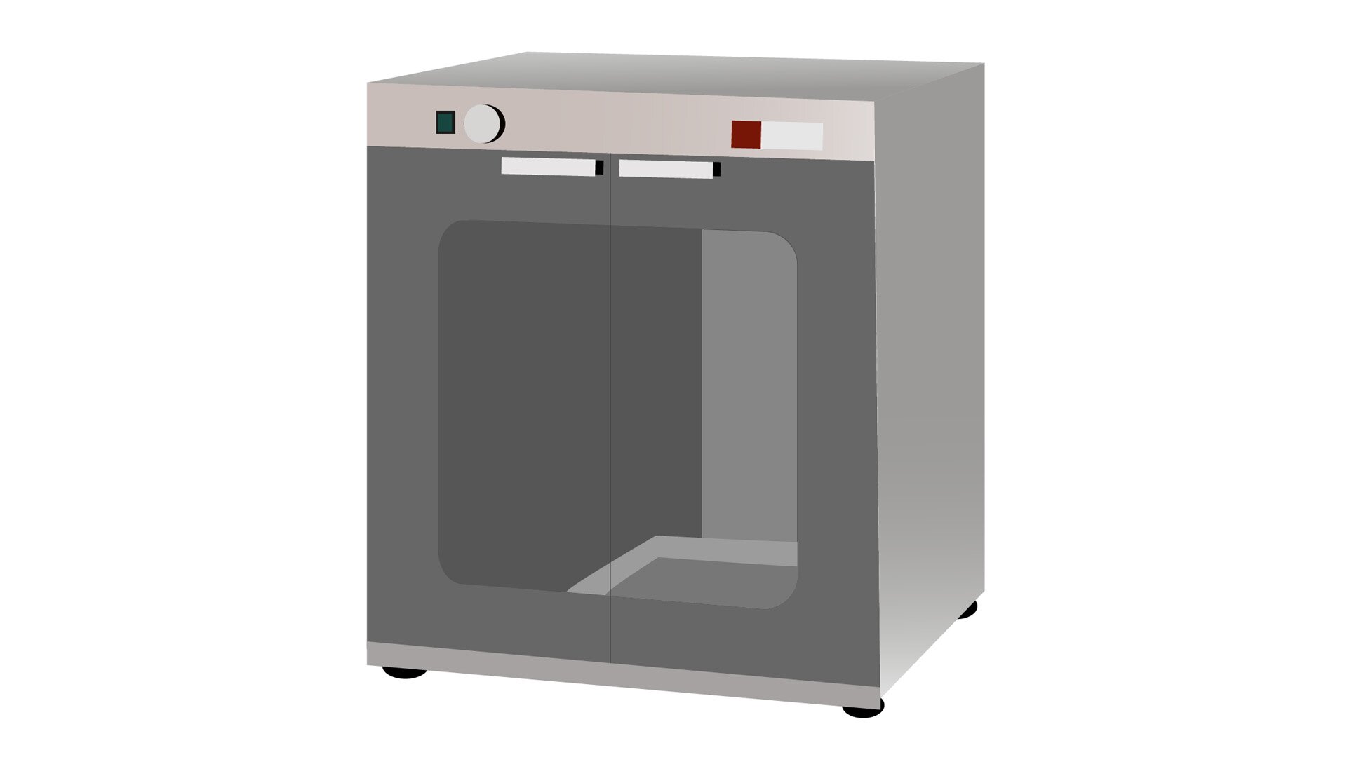 Rysunek przedstawia poglądowy przykład komory rozrostowej widzianej z perspektywy od przodu i jednego boku. Widoczne jest prostopadłościenne urządzenie, z kwadratowym elementem na froncie symbolizującym szklane drzwiczki, z dwoma prostokątnymi białymi uchwytami w górnej części. Na górze, na froncie urządzenia widoczne są pokrętła i przyciski sterujące. 