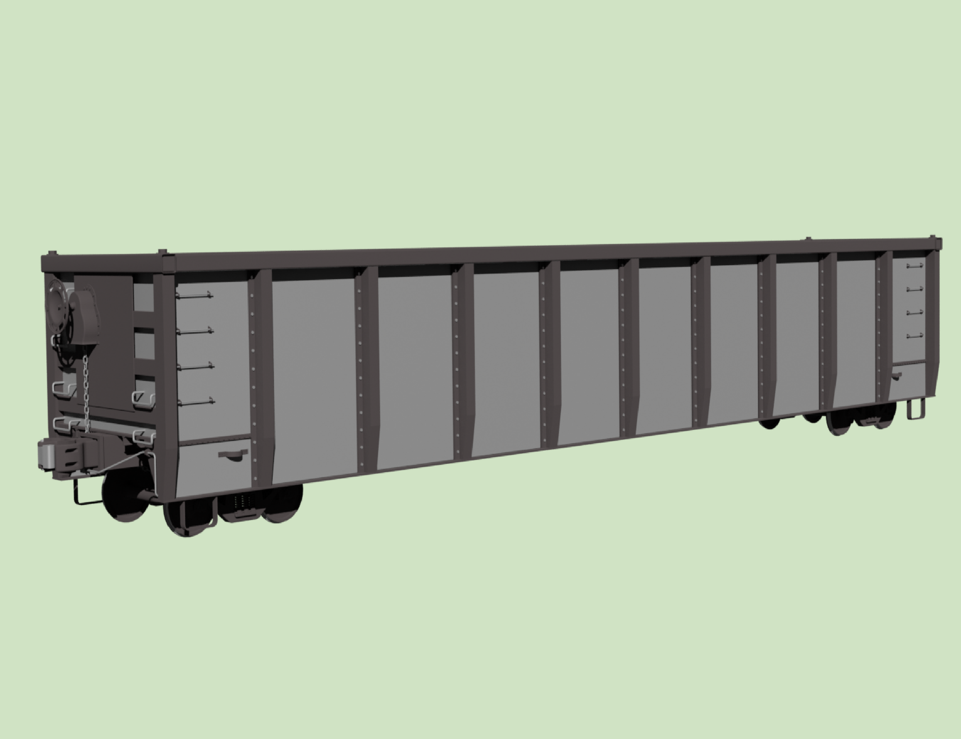 Grafika przedstawia wagon węglarki. Składa się on z nadwozia otwartej skrzyni osadzonego na dwóch wózkach jezdnych. Posiada drzwi na ścianach bocznych.