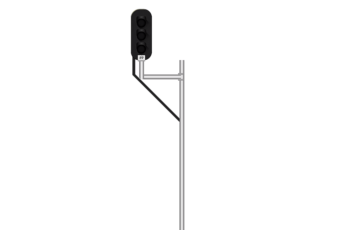Grafika przedstawia semafor odstępowy. Jest on zamontowany na stelażu wysokiego słupka. Panel z lampami znajduje się więc obok słupka. Lampy ustawione są jedna pod drugą. Tutaj są to trzy okrągłe lampy. Pod najniżej usytuowaną znajduje się niewielka prostokątna tarcza z kodem.