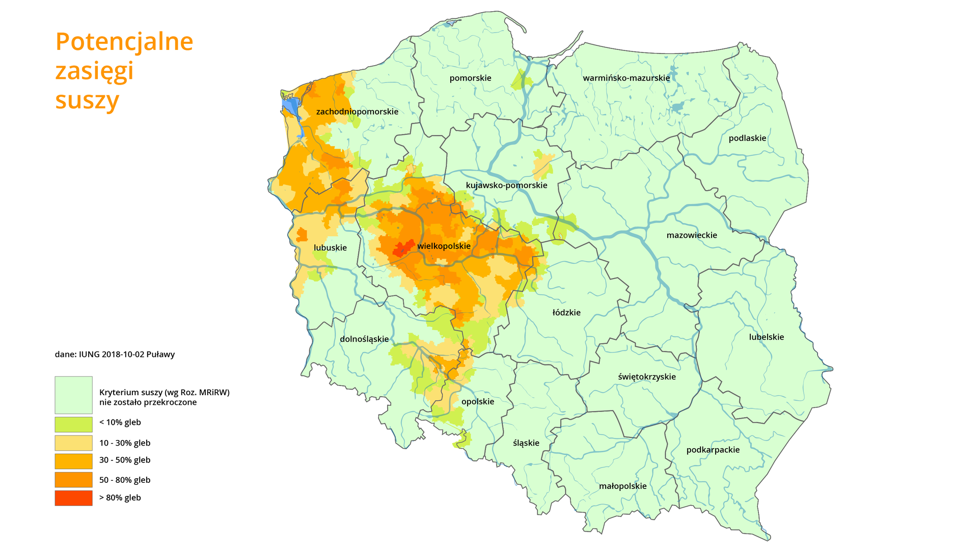 Mapa przedstawia potencjalne zasięgi suszy w Polsce. Najbardziej zagrożone są okolice województwa wielkopolskiego, a także zachodniopomorskiego i część lubuskiego.