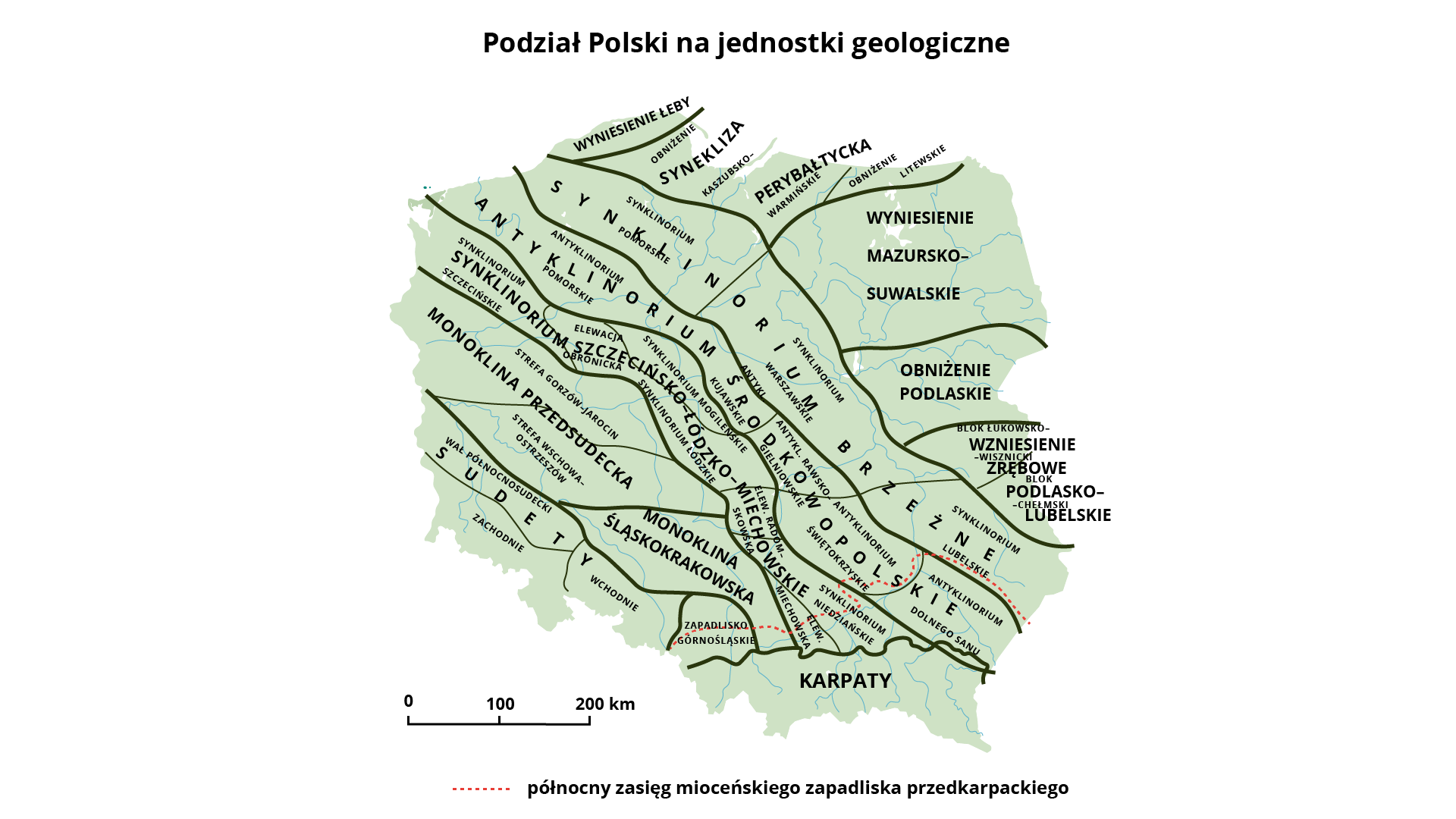 Mapa ukazuje jednostki geologiczne Polski. Wydzielone są one grubymi, zielonymi liniami. Od północnego wschodu są to: Wyniesienie Łeby, poniżej Synekliza Perybałtycka, w której znajdują się Obniżenie Kaszubsko‑Warmińskie i Obniżenie Litewskie, poniżej jest Wyniesienie Mazursko‑Suwalskie, dalej Obniżenie Podlaskie i Wzniesienie Zrębowe Podlasko‑Lubelskie,w którym zaznaczono Blok Łukowsko‑Wisznicki i Blok Chełmski. Na lewo od tych wszystkich jednostek geologicznych przez całą Polskę biegnie pas oznaczony jako Synklinorium Brzeżne. Zostały w nim wydzielone od północy synklinoria: Pomorskie, Warszawskie i Lubelskie. Równolegle przez środek Polski przebiega Antyklinorium Środkowopolskie. Wyróżnione zostały w nim od północy: antyklinoria: Pomorskie, Kujawskie, Rawsko‑Gielniowskie, Świętokrzyskie i Dolnego Sanu. Dalej, równolegle przebiega przez Polskę Synklinorium Szczecińsko‑Miechowskie, w którym wyróżniono: Synklinorium Szczecińskie, Elewacje Obronicką, synklinoria Mogilskie i Łódzkie, Elewacje Radomskowską i Miechowską oraz Synklinorium Niedziańskie. Graniczą one z linią Karpat. Na południe od Synklinorium Szczecińsko‑Miechowskiego znajdują się Monoklina Przedsudecka, podzielona na strefy: Gorzów‑Jarocin i Wschowa‑Ostrzeszów. Poniżej jest jeszcze Monoklina Śląskokrakowska. Od zachodu graniczy z Zapadliskiem Górnośląskim, a powyżej znajduje się linia Sudetów, podzielona na Wschodnie, Zachodnie i Wał Północnosudecki.