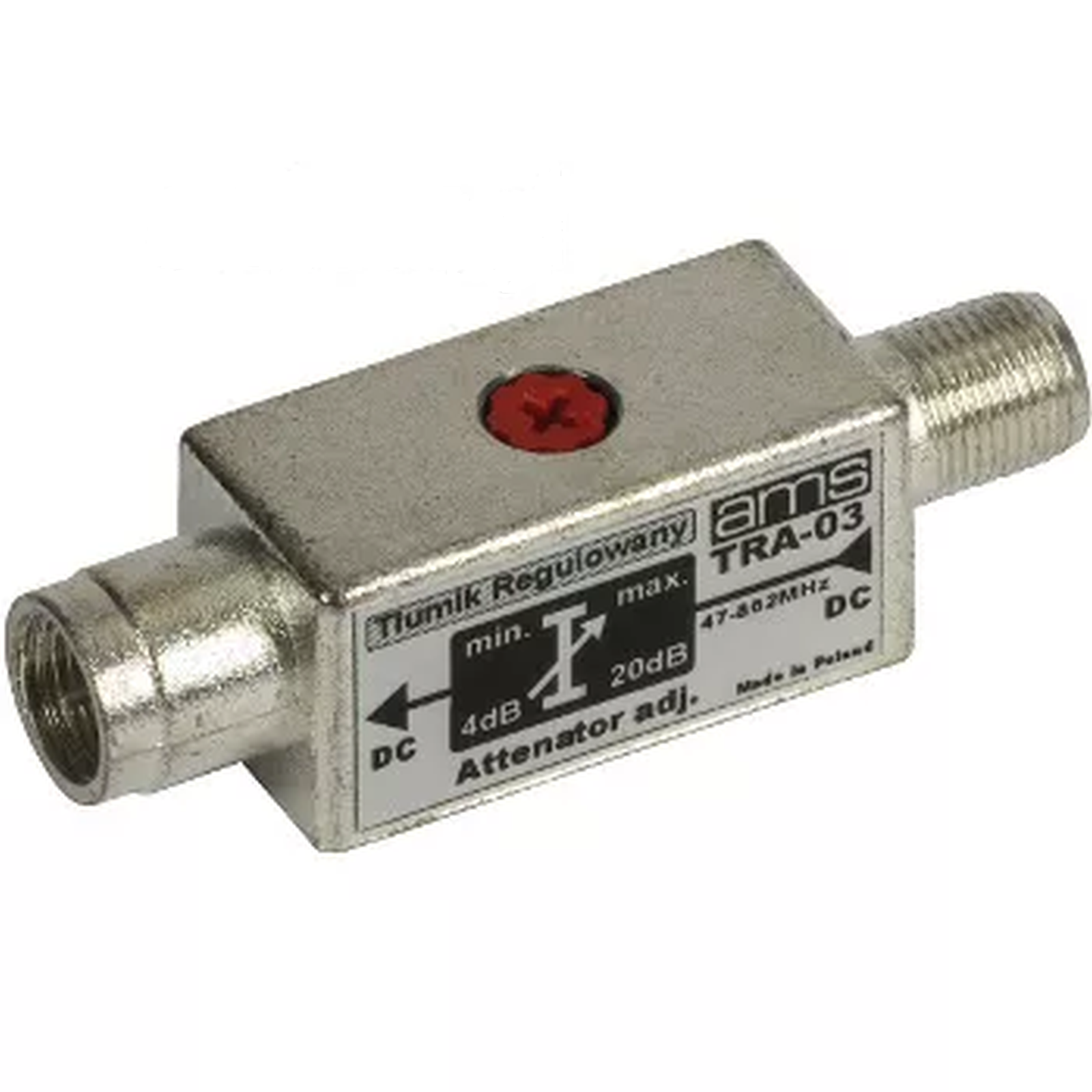 Ilustracja przedstawia tłumik antenowy TRA -03 AMS. Jest to niewielkie urządzenie, w kształcie prostopadłościanu. Na obu  krótszych bokach znajdują się okrągłe wejścia antenowe. Na obudowie  widoczna jest tabliczka z  oznaczeniami producenta, modelu oraz charakterystyki techniczne, takie jak zakres częstotliwości i maksymalny poziom tłumienia.