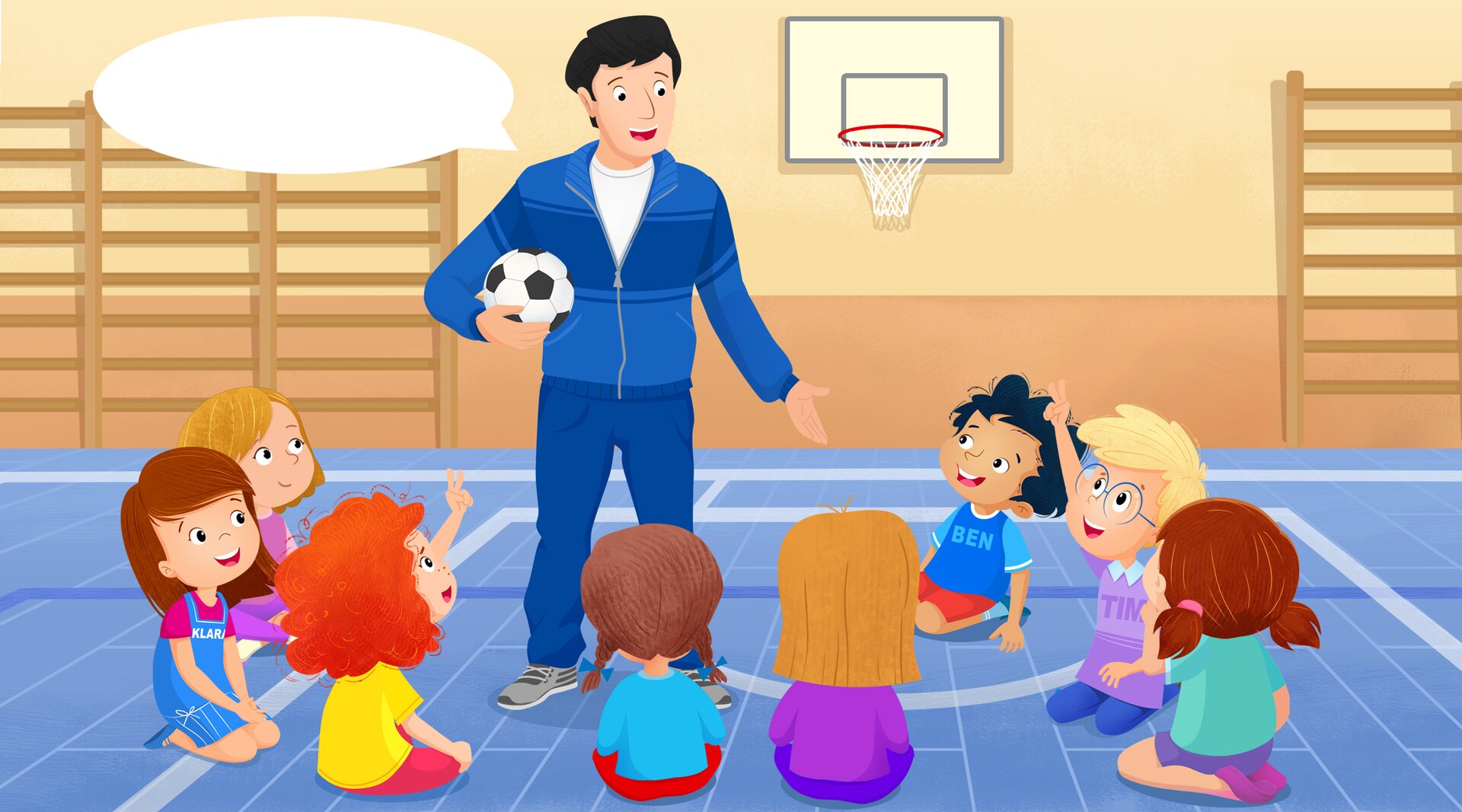 Na ilustracji znajduje się sala gimnastyczna i trener wokół siedzą dzieci.