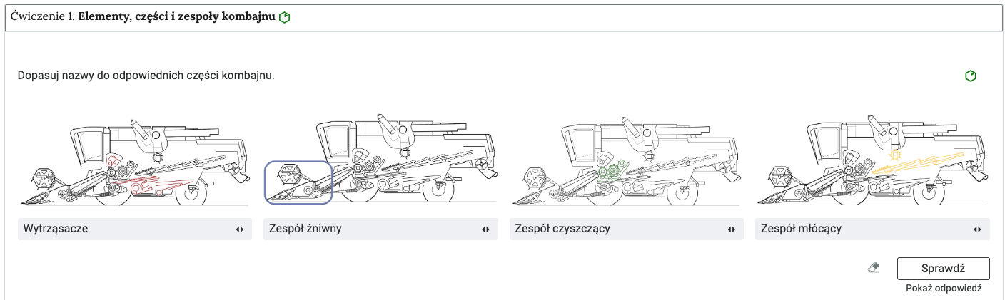 Grafika przedstawia przykładowe ćwiczenie umieszczone w harmonii. Na grafice znajduje się harmonia z rozwiniętym wierszem. Wewnątrz wiersza został umieszczony numer ćwiczenia wraz z nazwą działu, którego dotyczy. Pod nim znajduje się szerokie okienko, w którym zawiera się ćwiczenie polegające na dopasowaniu odpowiednich obrazków do podanych haseł. Na samym dole umieszczony jest prostokąt z czarnym obramowaniem i białym wypełnieniem. Wewnątrz niego znajduje się napis: Sprawdź. Pod przyciskiem umieszczony został natomiast napis: Pokaż odpowiedź. Dodatkowo z boku znajduje się ikonka gumki. Jej wciśnięcie spowoduje wymazanie dotychczasowych odpowiedzi.