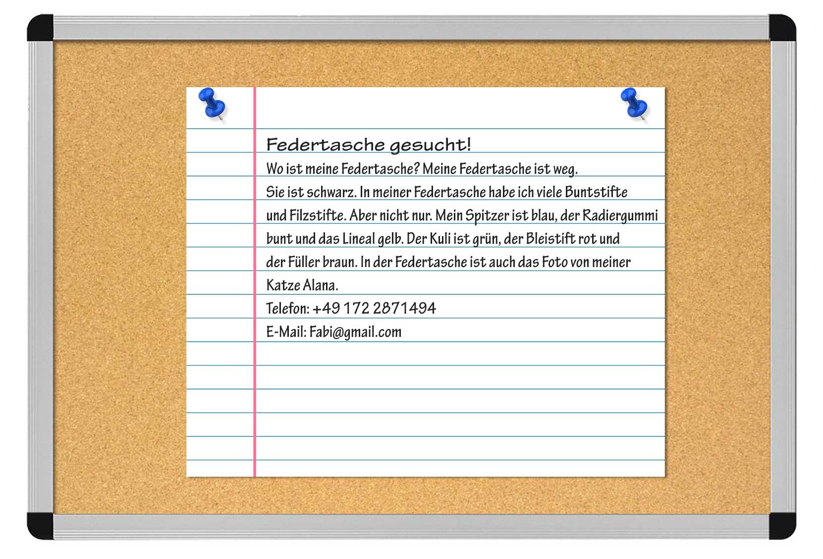 Ilustracja przedstawia tablicę korkową z przypiętą kartką w linię, na której widnieje tekst. Opis wyświetla się w trybie dostępności.