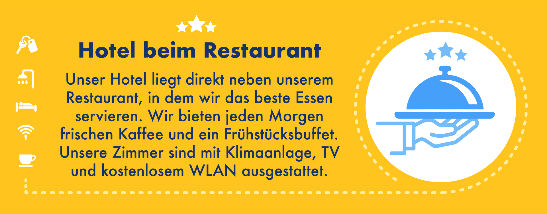 Ilustracja przedstawia reklamę hotelu. Widoczny jest rysunek przedstawiający kelnera trzymającego talerz z pokrywą. Transkrypcja do ilustracji znajduje się poniżej.