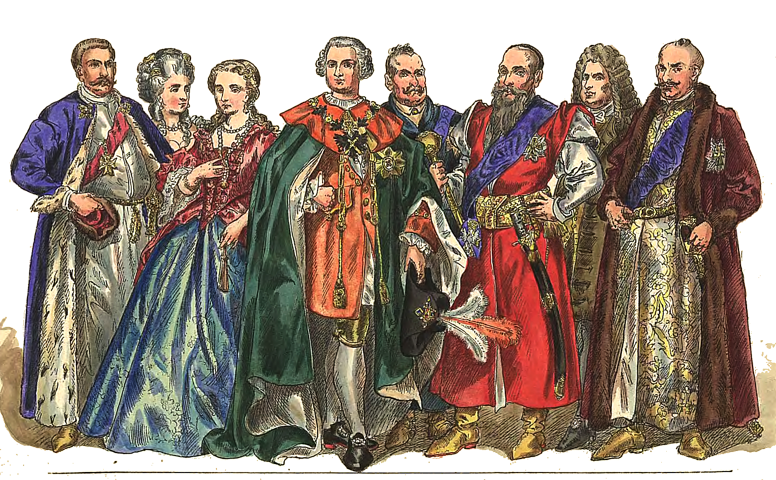 Ilustracja przedstawia polską magnaterię oraz ich tradycyjne stroje. Mężczyźni ubrani w niebieskie, czerwone, zielone szaty i peleryny obszyte futrem. Kobiety w bogatych sukniach i naszyjnikach z pereł. Wszyscy mają piękne fryzury, czasem peruki. 