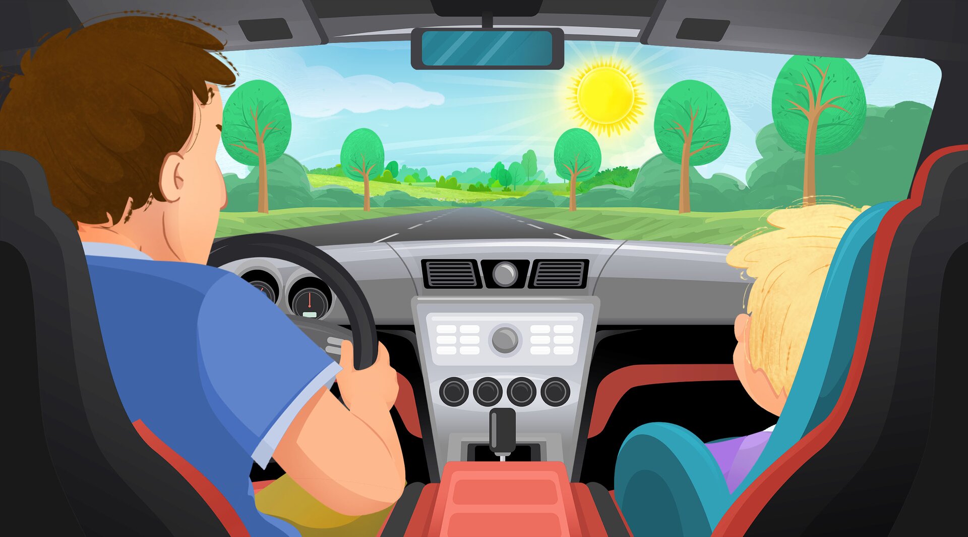 Na ilustracji znajduje się tata Tima, który kieruje samochodem, a obok niego siedzi Tim.